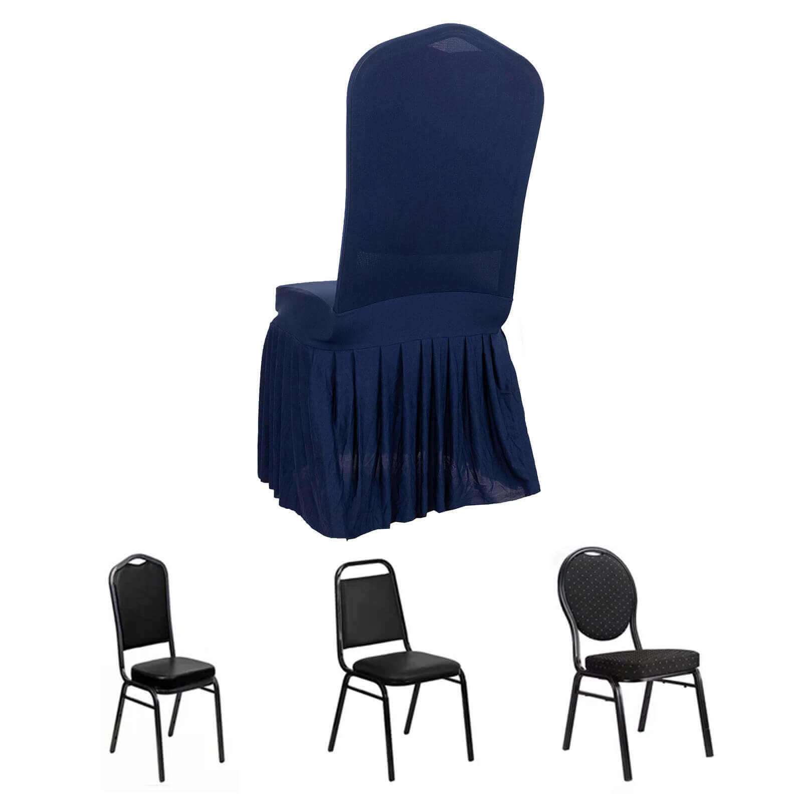 Spandex Chair Cover with Ruffle Pleated Skirt for Banquet Chairs Navy Blue - 1 - Piece Stretch Fitted Slipcover - Bell Racket Store
