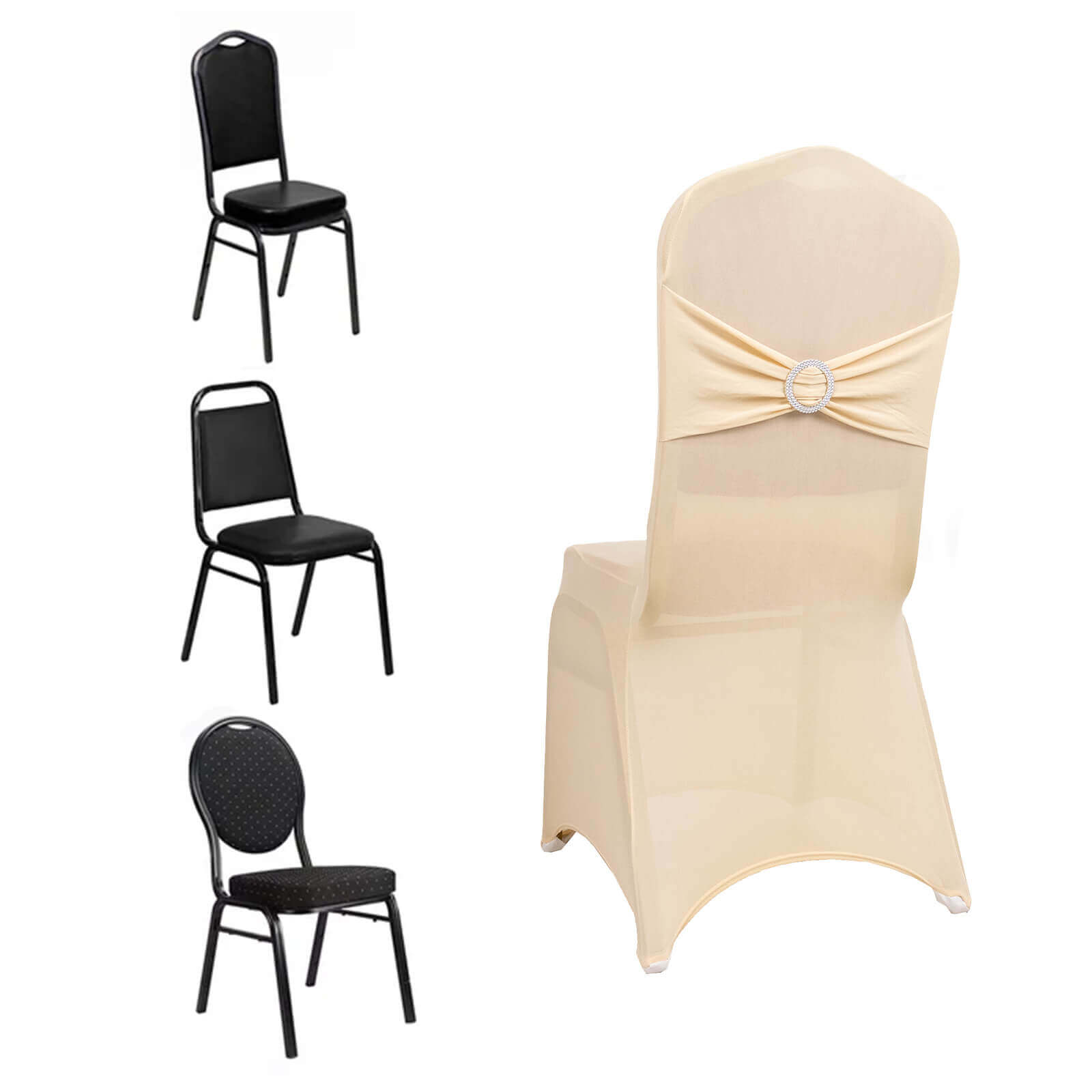 Spandex Chair Cover with Silver Rhinestone Buckled Sash Band Beige - Stretch Fitted Slipcover - Bell Racket Store
