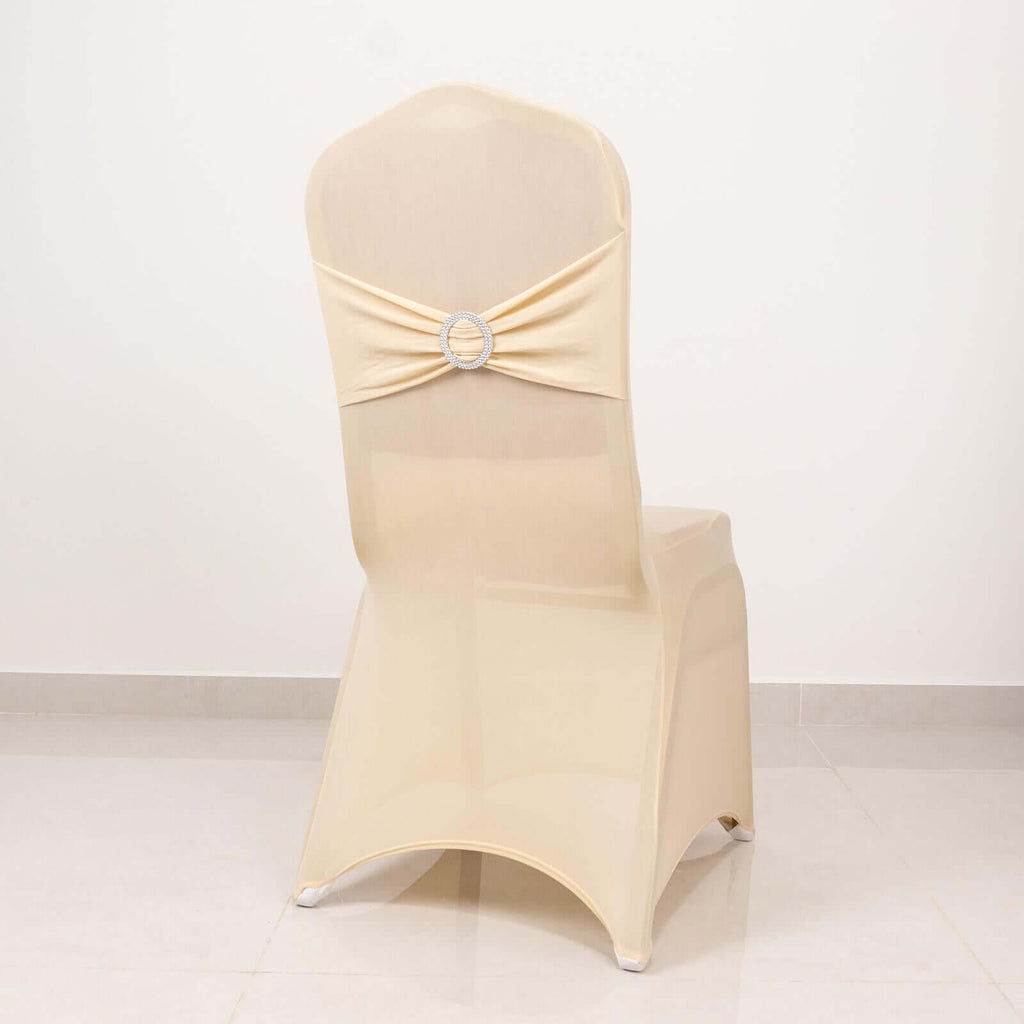 Spandex Chair Cover with Silver Rhinestone Buckled Sash Band Beige - Stretch Fitted Slipcover - Bell Racket Store