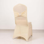 Spandex Chair Cover with Silver Rhinestone Buckled Sash Band Beige - Stretch Fitted Slipcover - Bell Racket Store