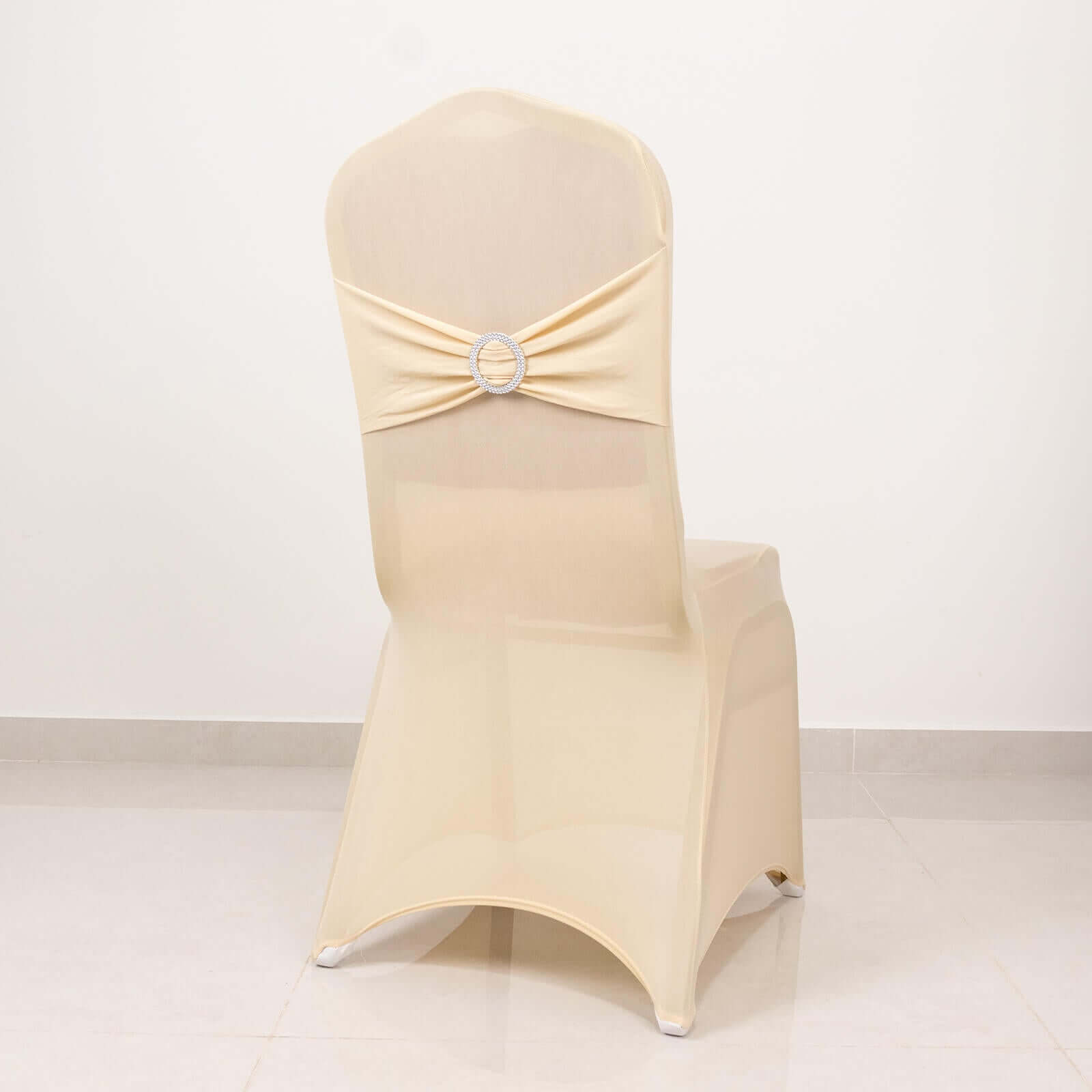 Spandex Chair Cover with Silver Rhinestone Buckled Sash Band Beige - Stretch Fitted Slipcover - Bell Racket Store