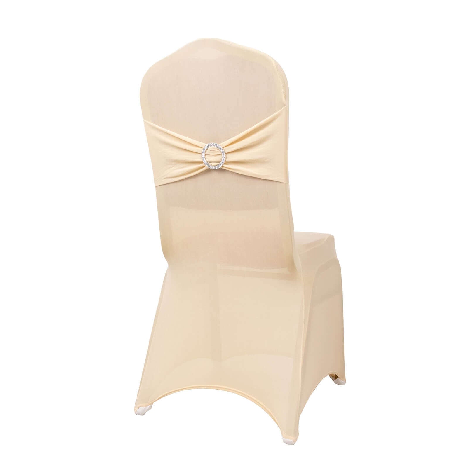 Spandex Chair Cover with Silver Rhinestone Buckled Sash Band Beige - Stretch Fitted Slipcover - Bell Racket Store