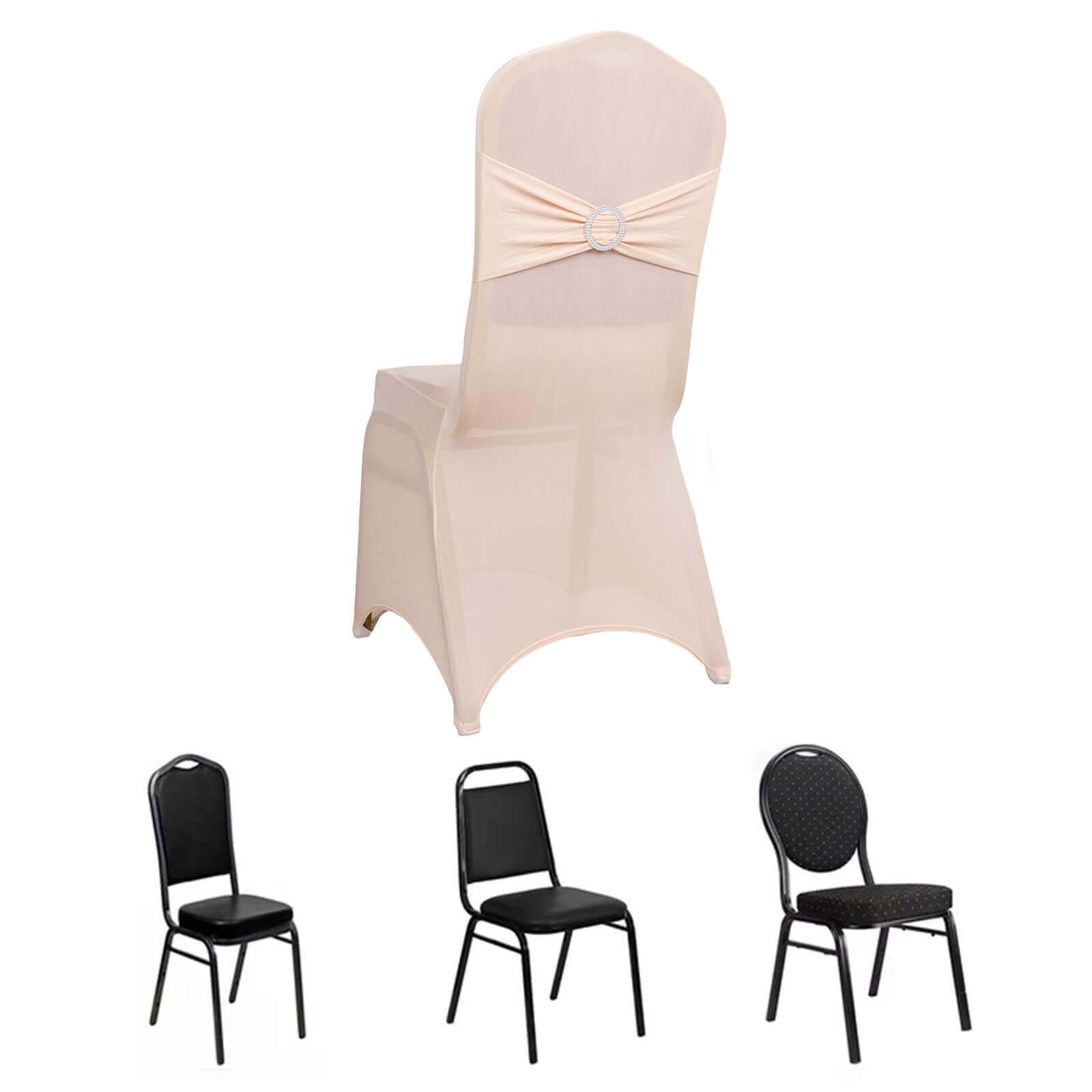 Spandex Chair Cover with Silver Rhinestone Buckled Sash Band Blush - Stretch Fitted Slipcover - Bell Racket Store