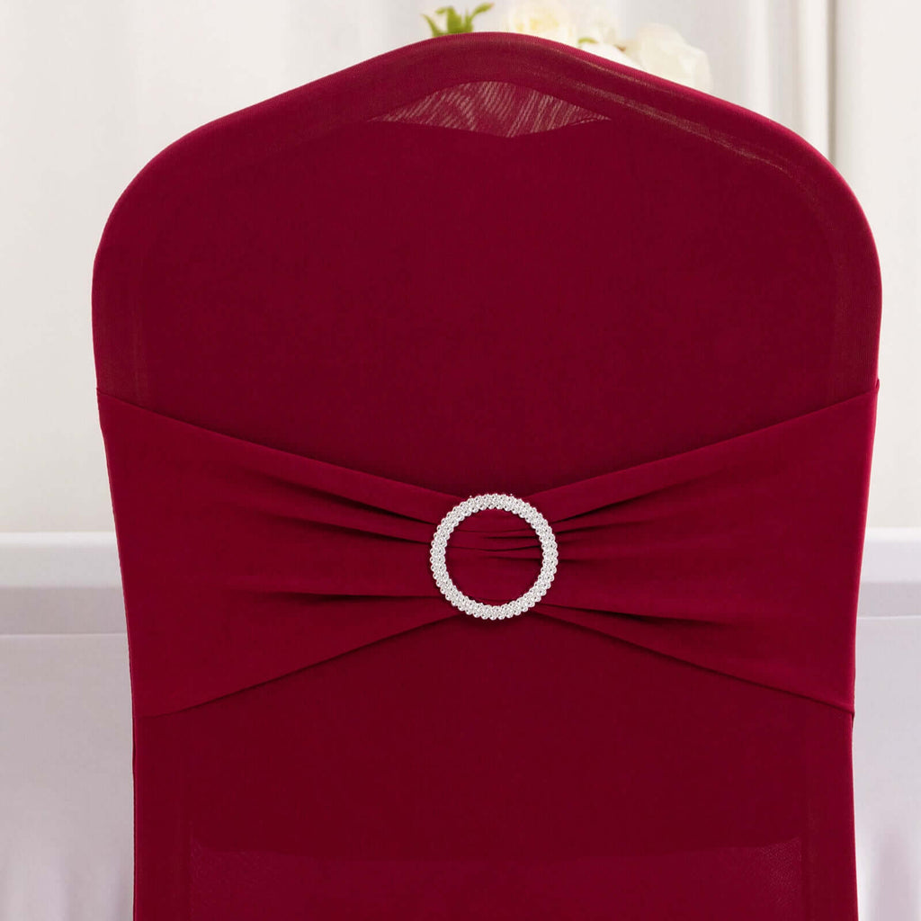 Spandex Chair Cover with Silver Rhinestone Buckled Sash Band Burgundy - Stretch Fitted Slipcover - Bell Racket Store