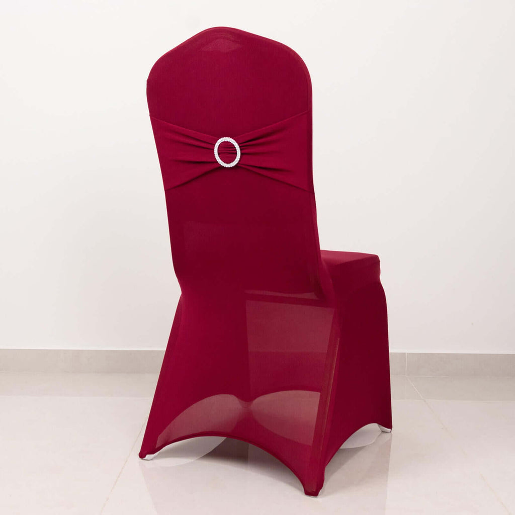 Spandex Chair Cover with Silver Rhinestone Buckled Sash Band Burgundy - Stretch Fitted Slipcover - Bell Racket Store