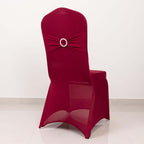 Spandex Chair Cover with Silver Rhinestone Buckled Sash Band Burgundy - Stretch Fitted Slipcover - Bell Racket Store