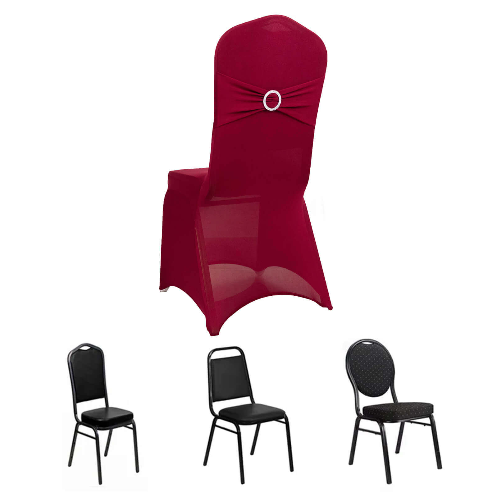 Spandex Chair Cover with Silver Rhinestone Buckled Sash Band Burgundy - Stretch Fitted Slipcover - Bell Racket Store