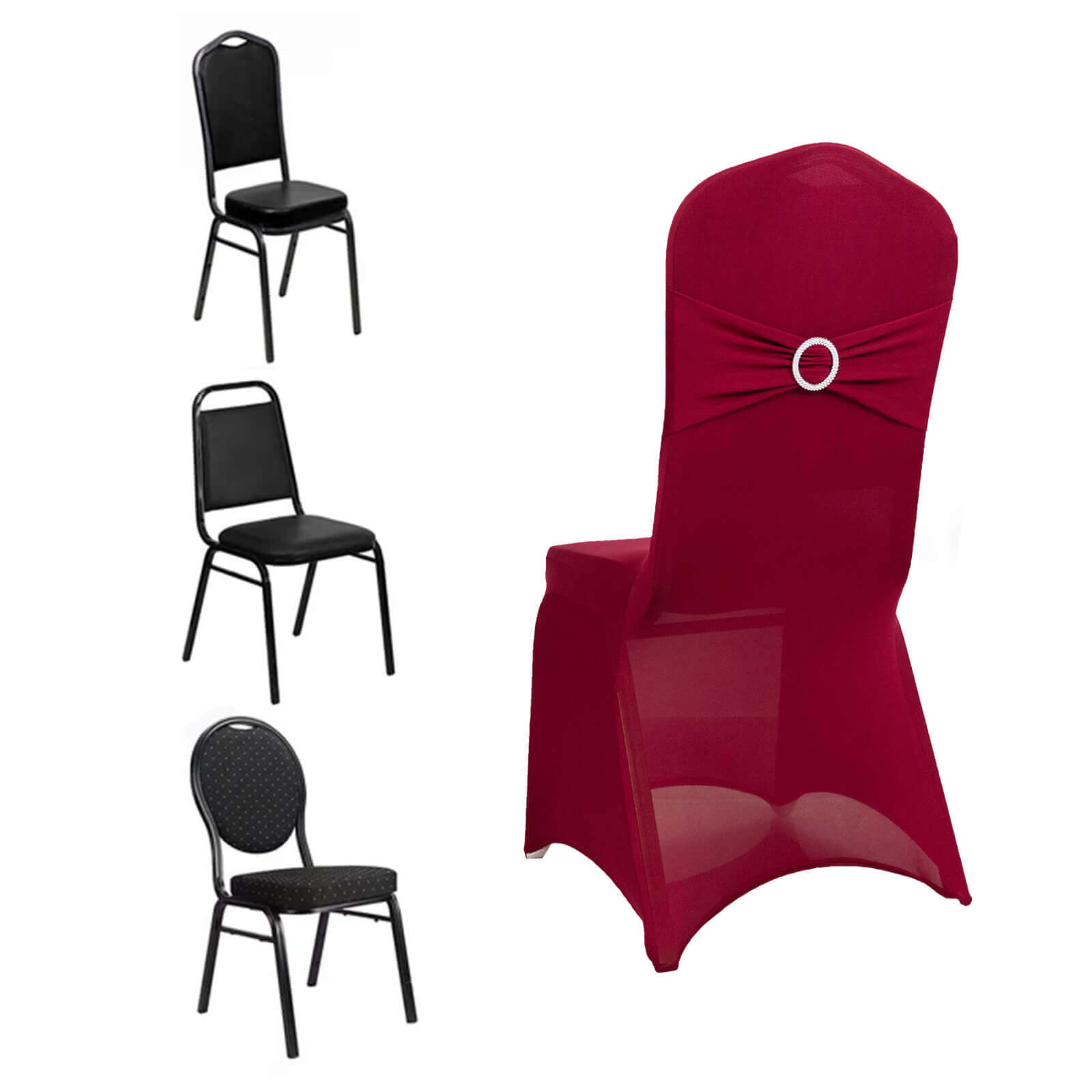 Spandex Chair Cover with Silver Rhinestone Buckled Sash Band Burgundy - Stretch Fitted Slipcover - Bell Racket Store