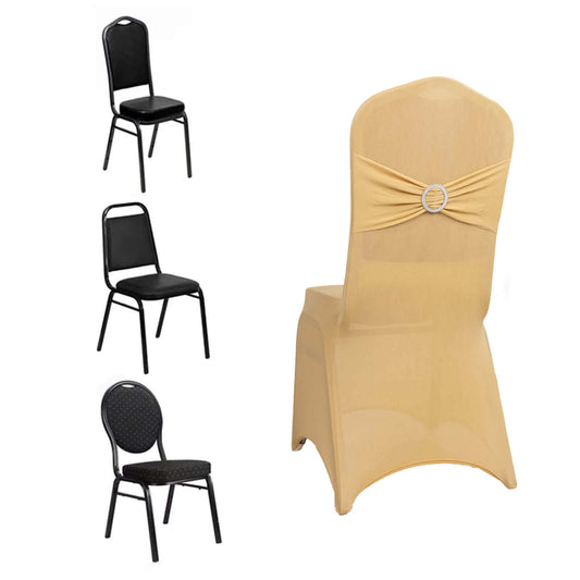Spandex Chair Cover with Silver Rhinestone Buckled Sash Band Champagne - Stretch Fitted Slipcover - Bell Racket Store