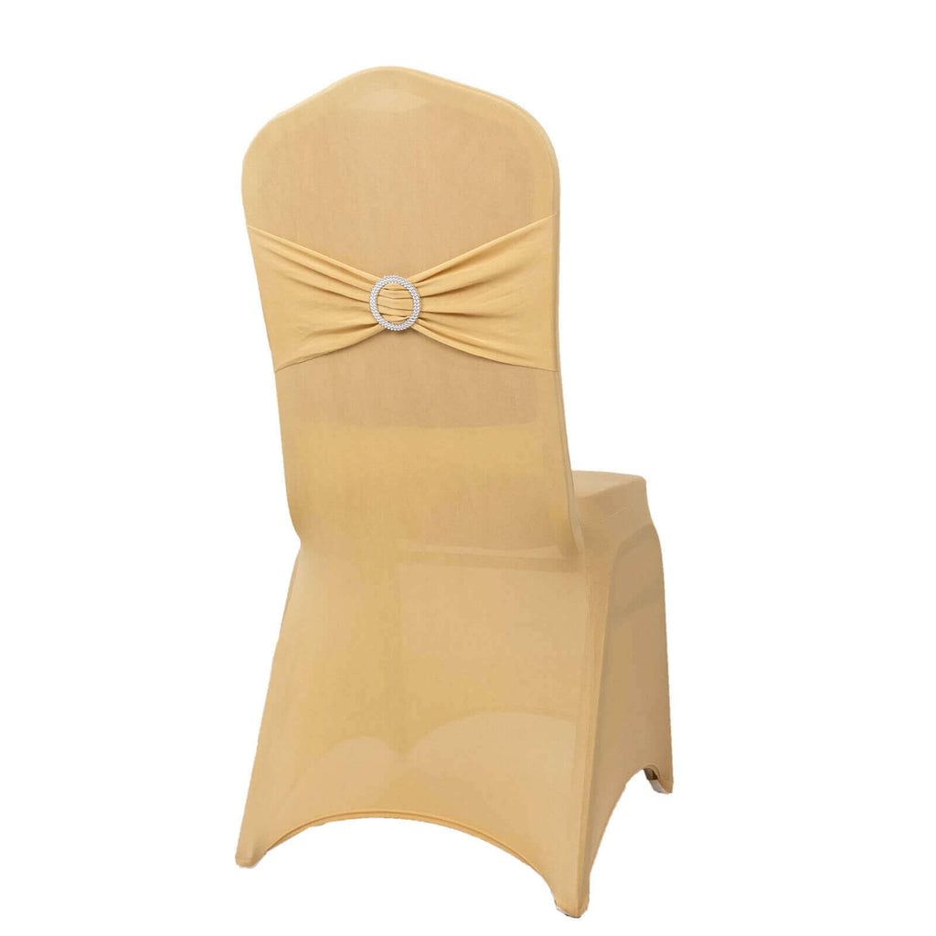 Spandex Chair Cover with Silver Rhinestone Buckled Sash Band Champagne - Stretch Fitted Slipcover - Bell Racket Store