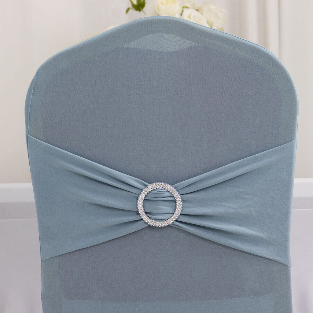 Spandex Chair Cover with Silver Rhinestone Buckled Sash Band Dusty Blue - Stretch Fitted Slipcover - Bell Racket Store