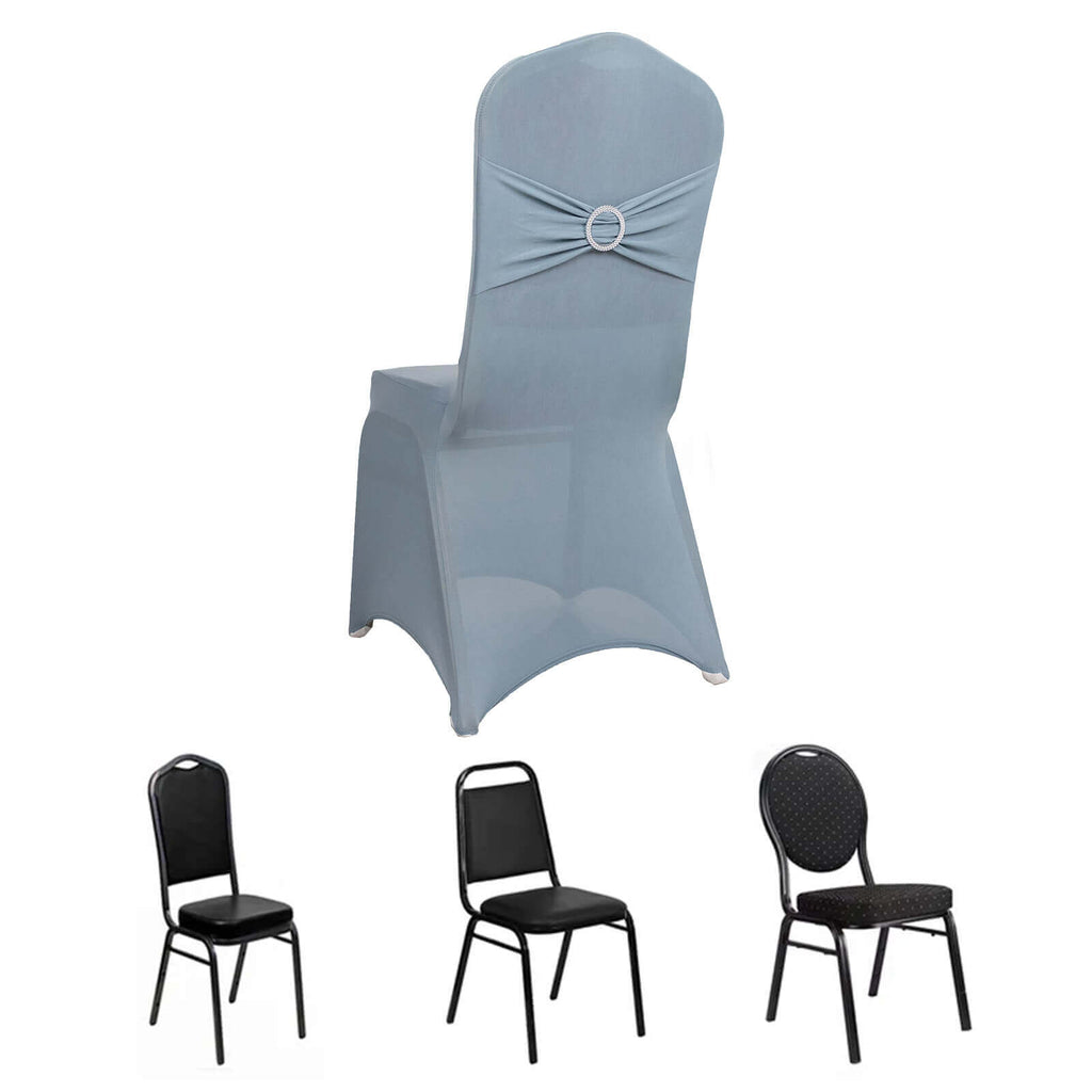 Spandex Chair Cover with Silver Rhinestone Buckled Sash Band Dusty Blue - Stretch Fitted Slipcover - Bell Racket Store