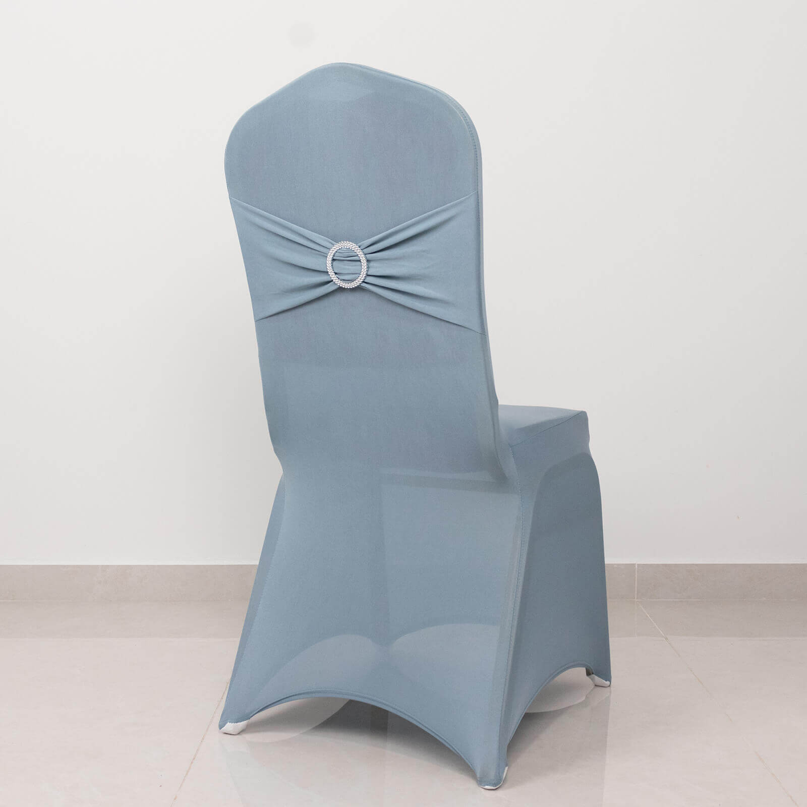Spandex Chair Cover with Silver Rhinestone Buckled Sash Band Dusty Blue - Stretch Fitted Slipcover - Bell Racket Store