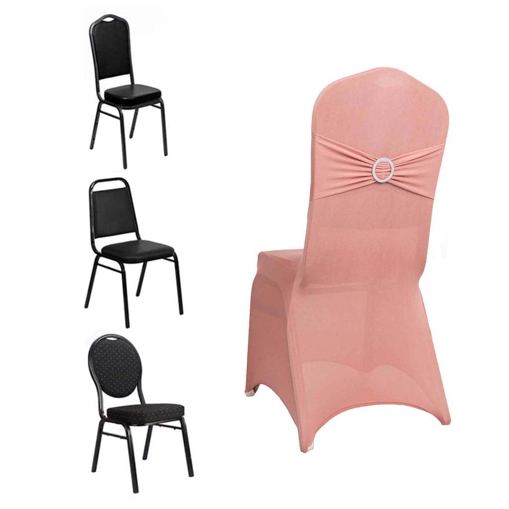 Spandex Chair Cover with Silver Rhinestone Buckled Sash Band Dusty Rose - Stretch Fitted Slipcover - Bell Racket Store