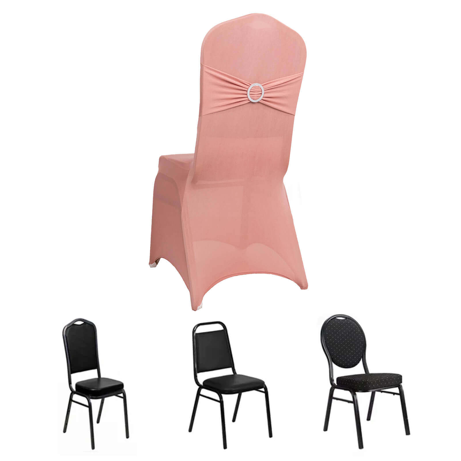 Spandex Chair Cover with Silver Rhinestone Buckled Sash Band Dusty Rose - Stretch Fitted Slipcover - Bell Racket Store