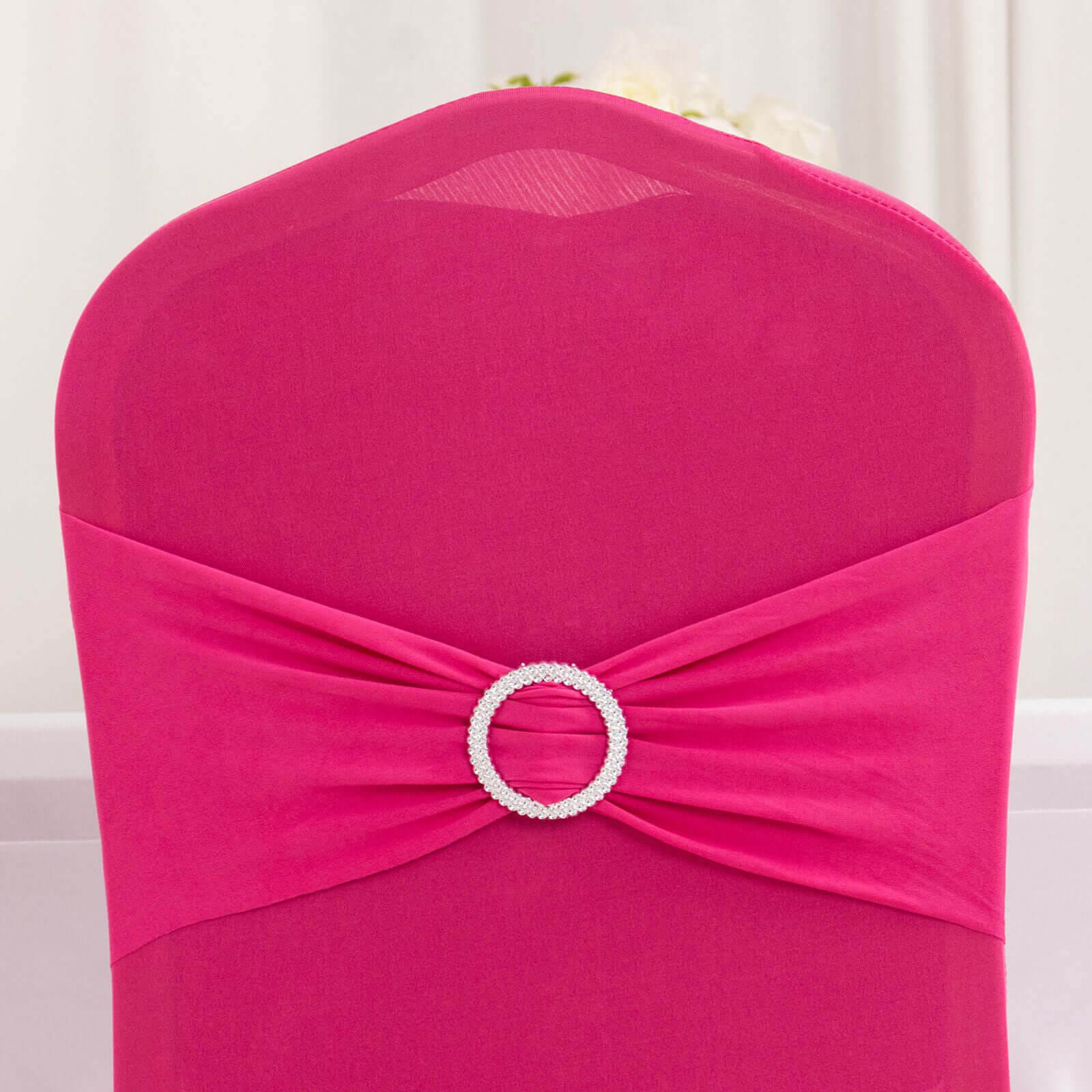 Spandex Chair Cover with Silver Rhinestone Buckled Sash Band Fuchsia - Stretch Fitted Slipcover - Bell Racket Store