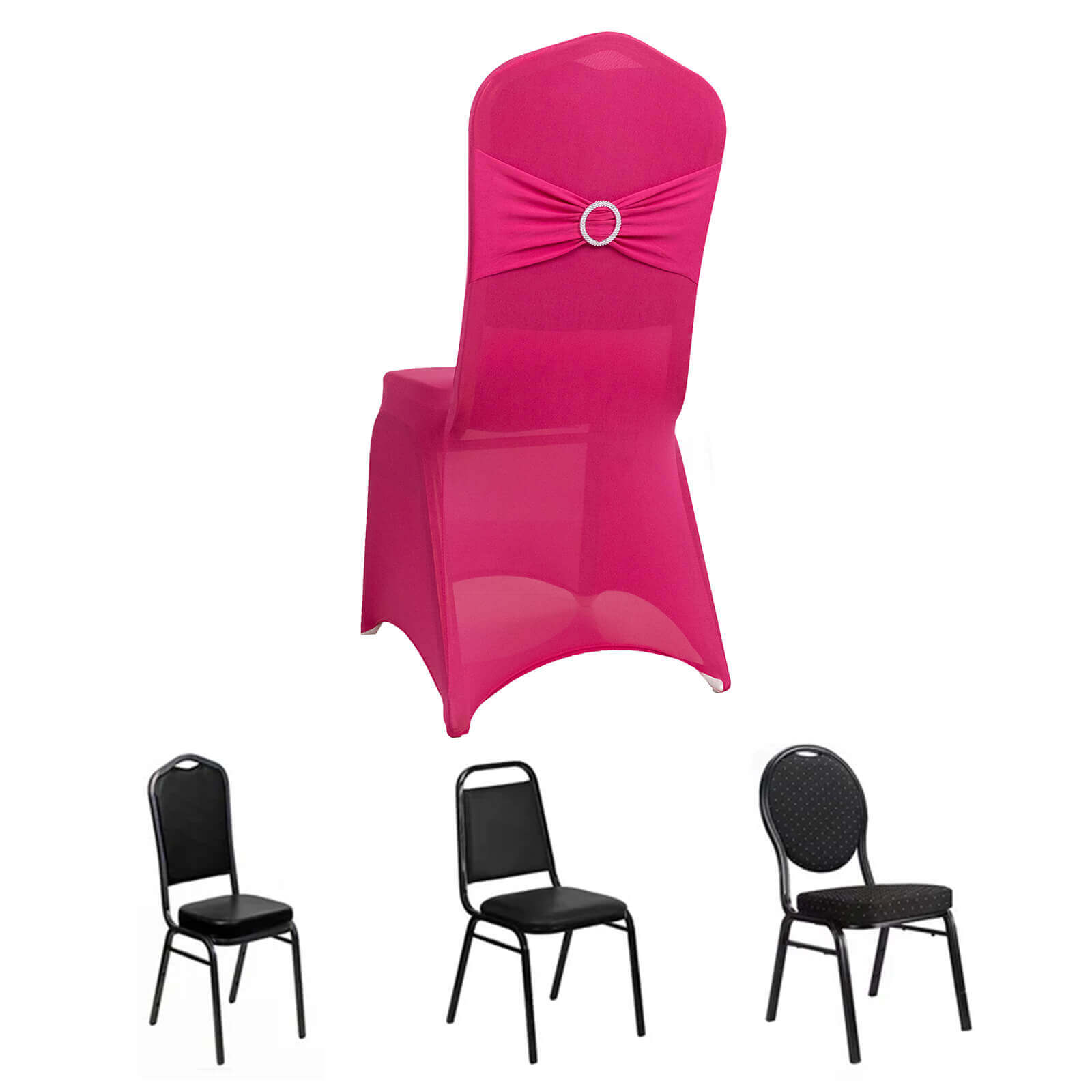 Spandex Chair Cover with Silver Rhinestone Buckled Sash Band Fuchsia - Stretch Fitted Slipcover - Bell Racket Store