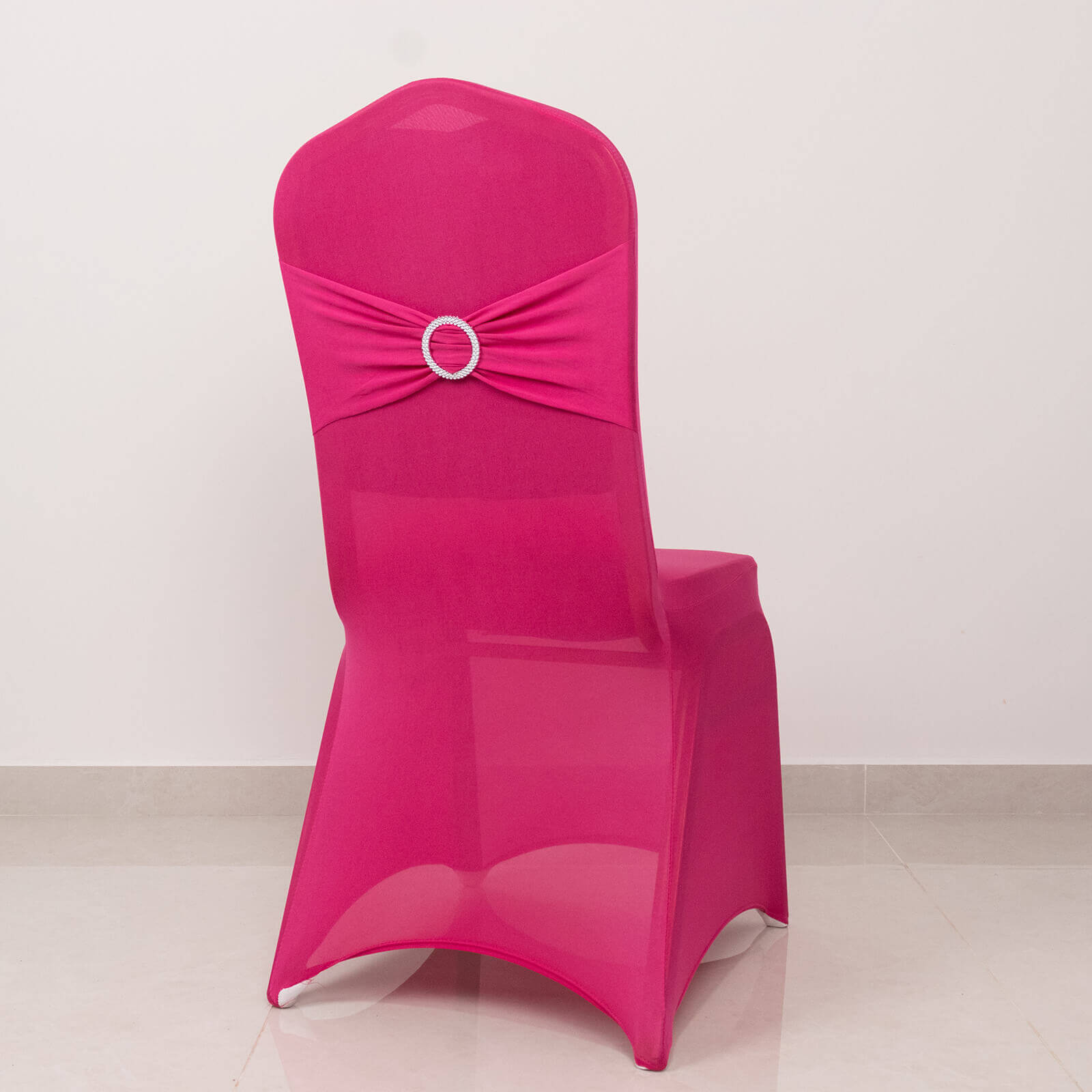 Spandex Chair Cover with Silver Rhinestone Buckled Sash Band Fuchsia - Stretch Fitted Slipcover - Bell Racket Store