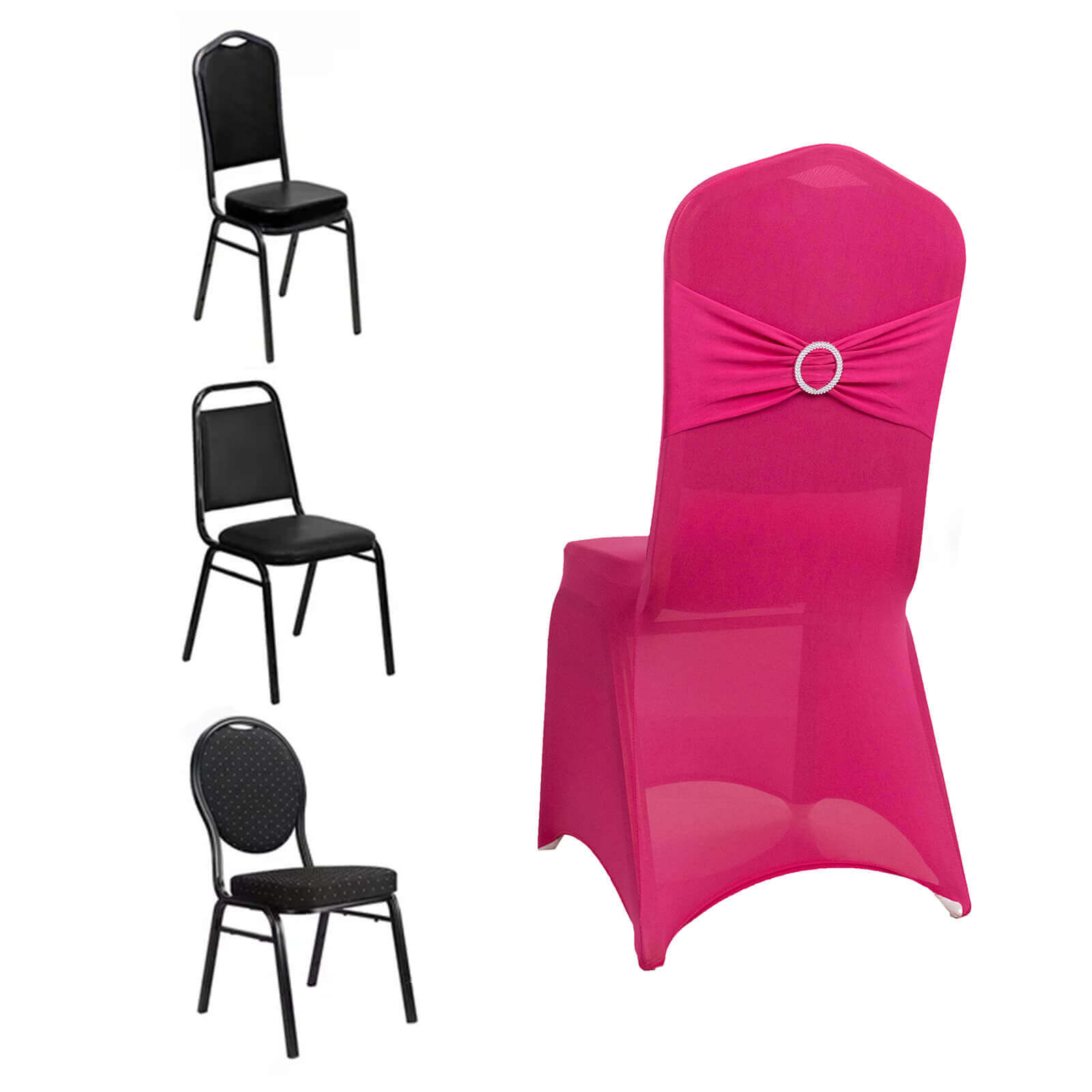 Spandex Chair Cover with Silver Rhinestone Buckled Sash Band Fuchsia - Stretch Fitted Slipcover - Bell Racket Store