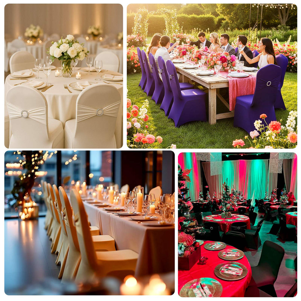 Spandex Chair Cover with Silver Rhinestone Buckled Sash Band Gold - Stylish Stretch Fitted Slipcover for Banquets & Events - Bell Racket Store