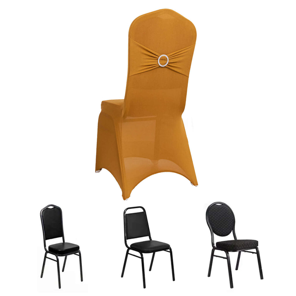Spandex Chair Cover with Silver Rhinestone Buckled Sash Band Gold - Stylish Stretch Fitted Slipcover for Banquets & Events - Bell Racket Store