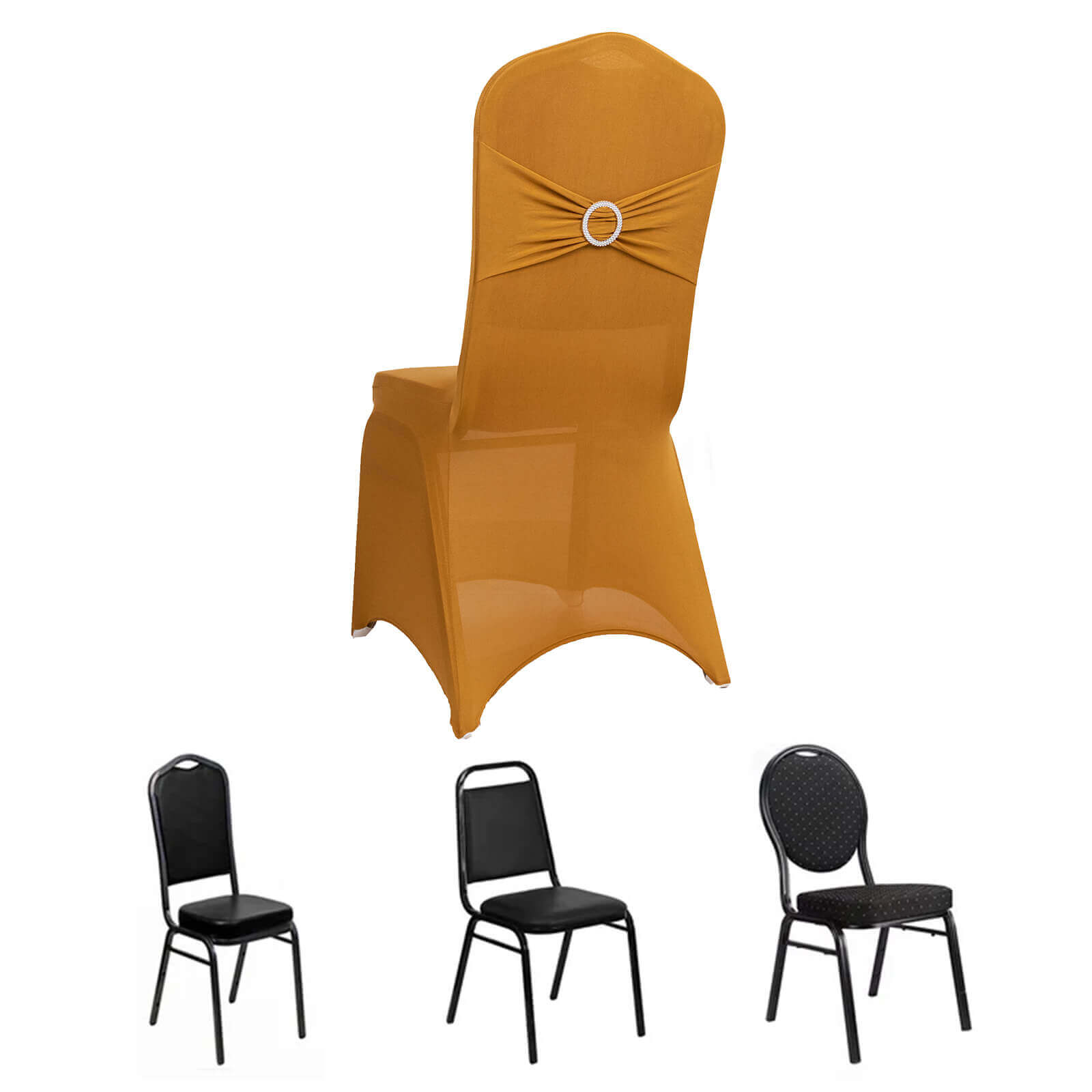 Spandex Chair Cover with Silver Rhinestone Buckled Sash Band Gold - Stylish Stretch Fitted Slipcover for Banquets & Events - Bell Racket Store