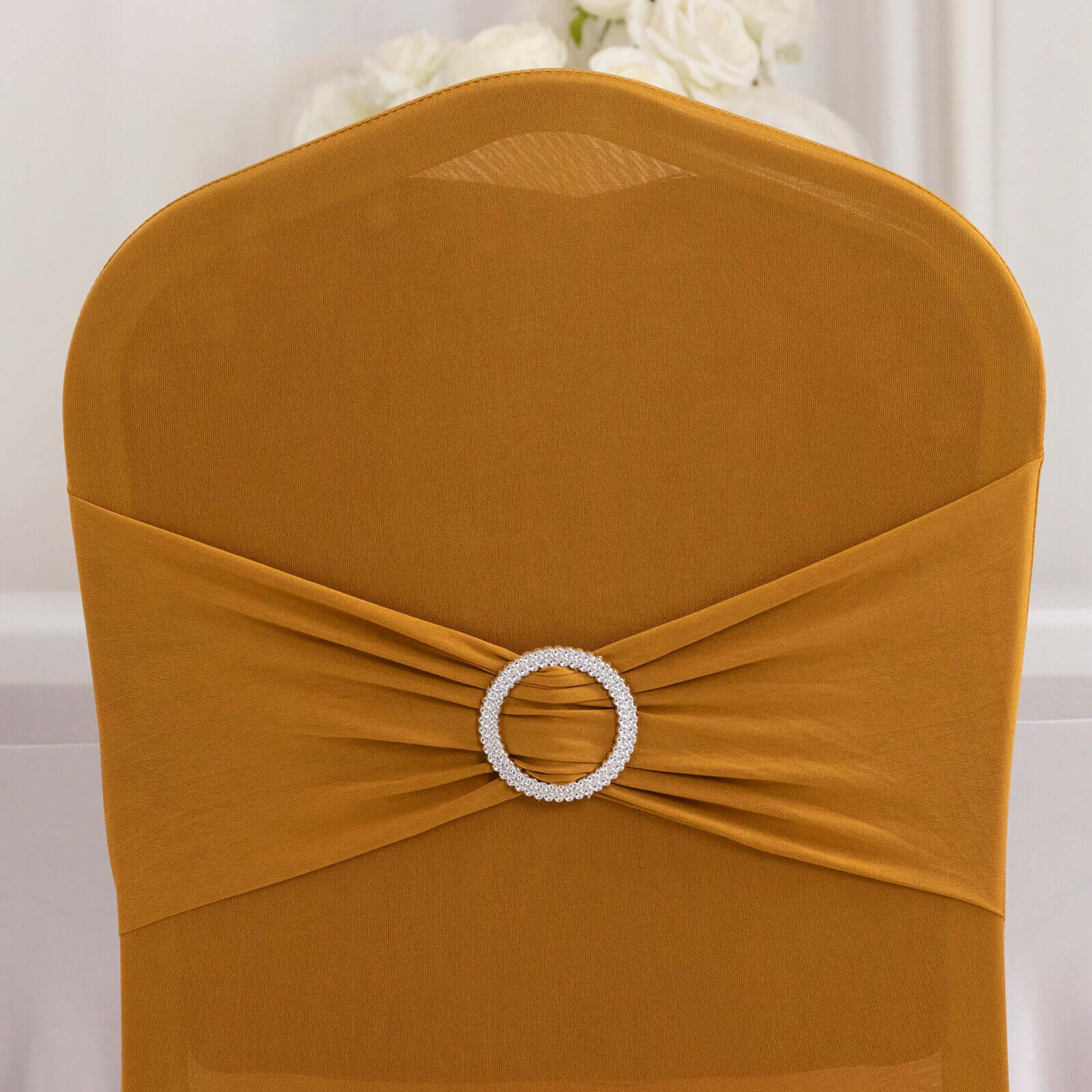 Spandex Chair Cover with Silver Rhinestone Buckled Sash Band Gold - Stylish Stretch Fitted Slipcover for Banquets & Events - Bell Racket Store