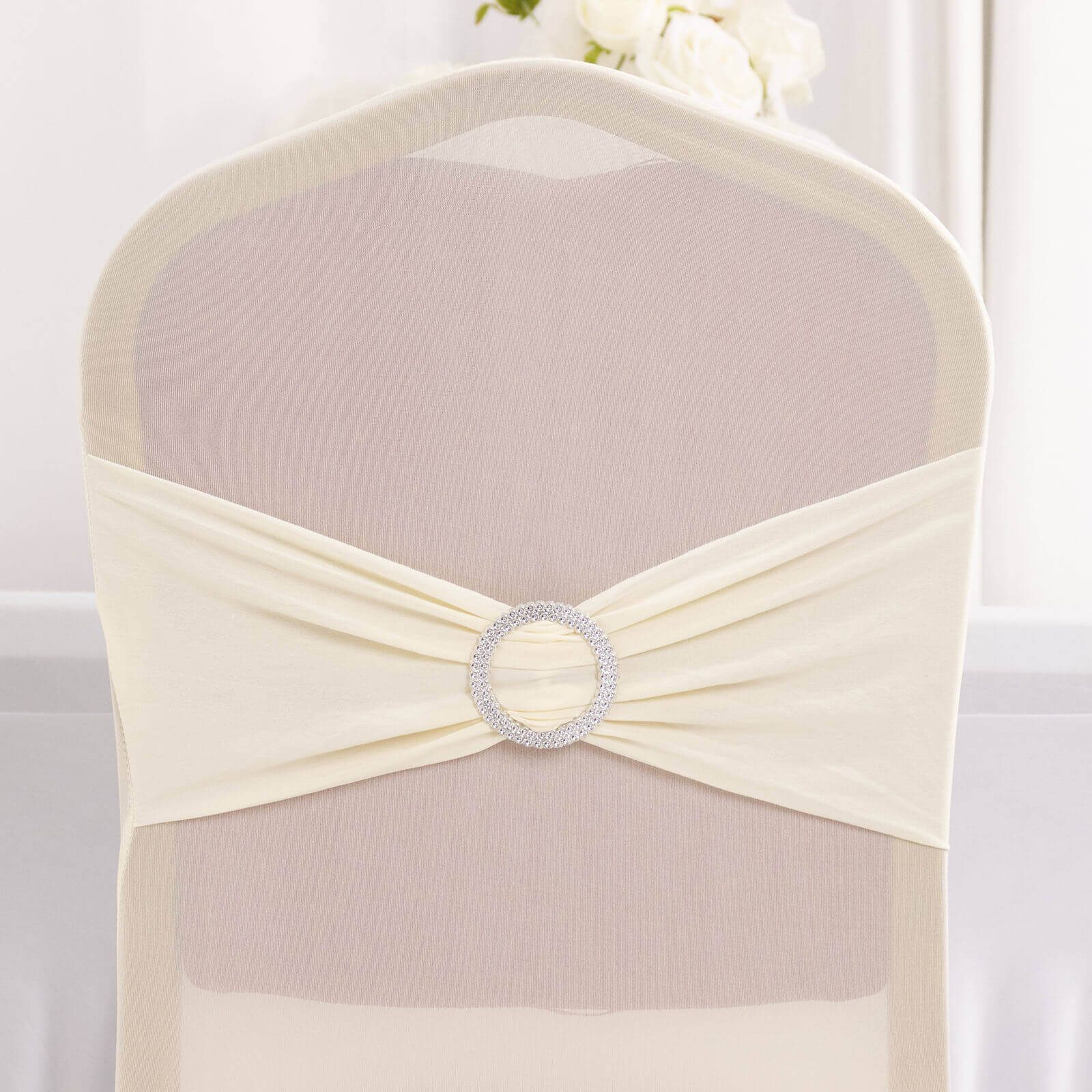 Spandex Chair Cover with Silver Rhinestone Buckled Sash Band Ivory - Stretch Fitted Slipcover - Bell Racket Store