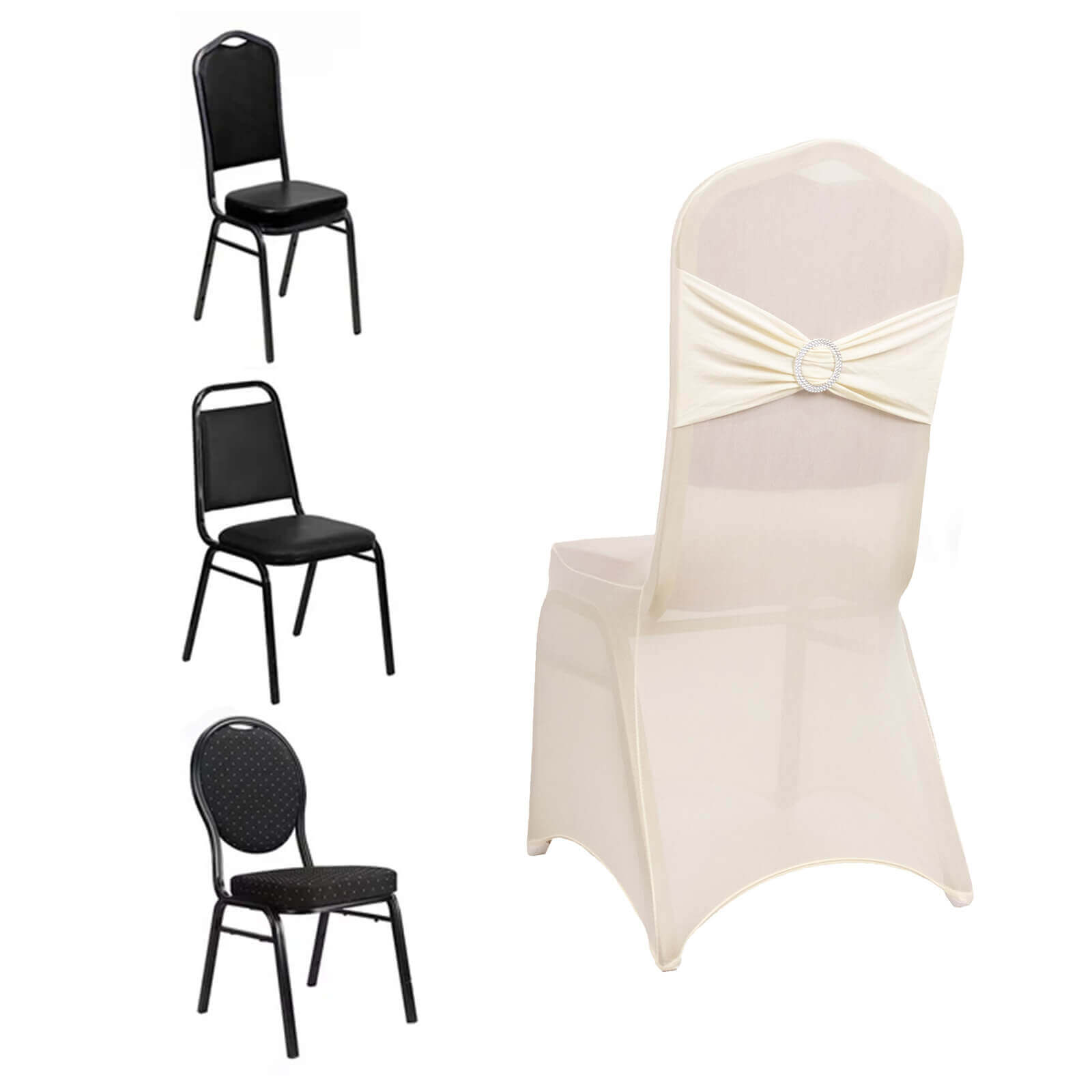 Spandex Chair Cover with Silver Rhinestone Buckled Sash Band Ivory - Stretch Fitted Slipcover - Bell Racket Store