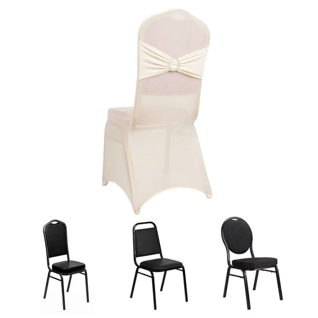 Spandex Chair Cover with Silver Rhinestone Buckled Sash Band Ivory - Stretch Fitted Slipcover - Bell Racket Store