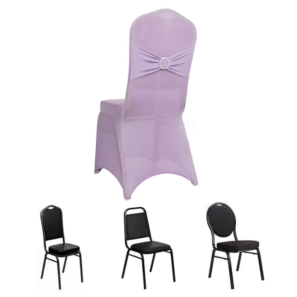Spandex Chair Cover with Silver Rhinestone Buckled Sash Band Lavender Lilac - Stretch Fitted Slipcover - Bell Racket Store