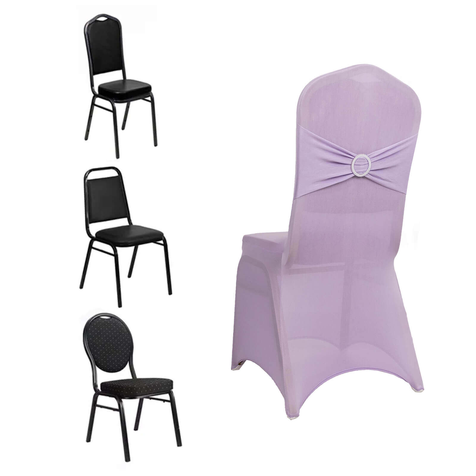 Spandex Chair Cover with Silver Rhinestone Buckled Sash Band Lavender Lilac - Stretch Fitted Slipcover - Bell Racket Store