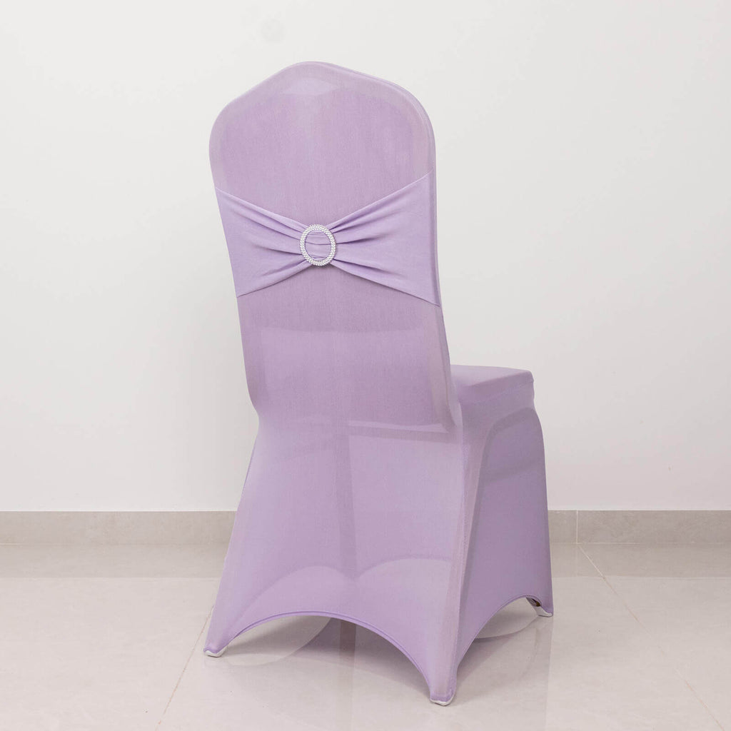 Spandex Chair Cover with Silver Rhinestone Buckled Sash Band Lavender Lilac - Stretch Fitted Slipcover - Bell Racket Store