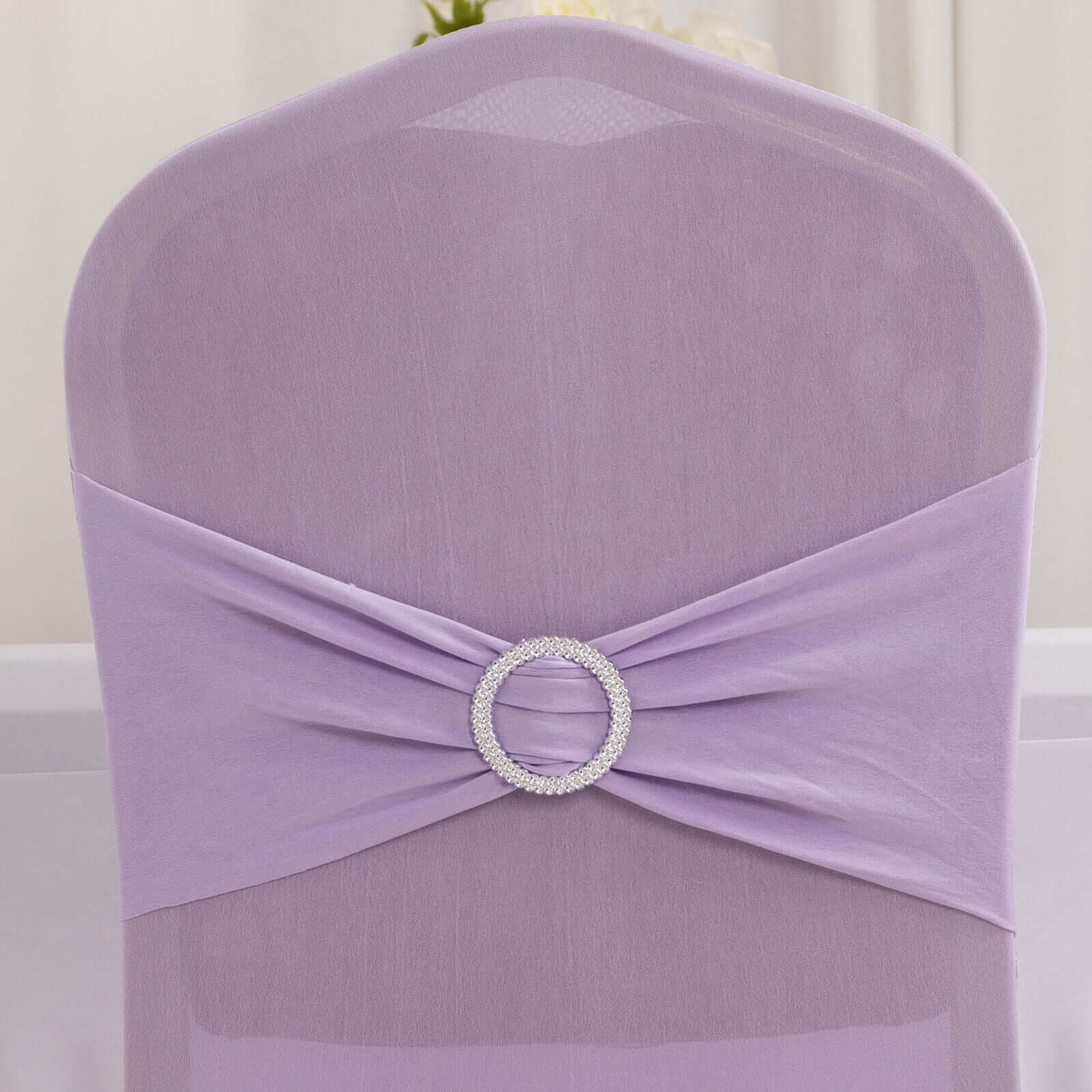 Spandex Chair Cover with Silver Rhinestone Buckled Sash Band Lavender Lilac - Stretch Fitted Slipcover - Bell Racket Store
