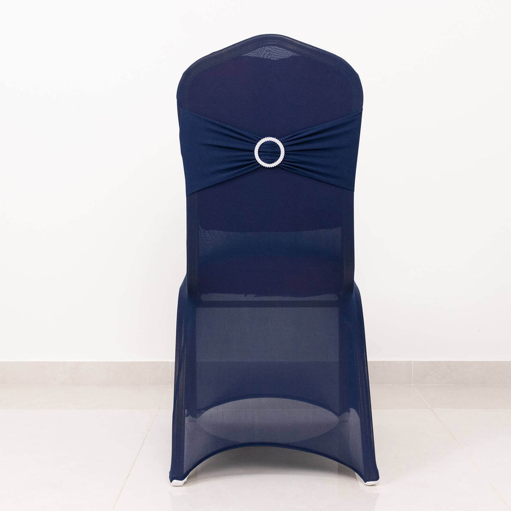 Spandex Chair Cover with Silver Rhinestone Buckled Sash Band Navy Blue - Stretch Fitted Slipcover - Bell Racket Store