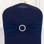 Spandex Chair Cover with Silver Rhinestone Buckled Sash Band Navy Blue - Stretch Fitted Slipcover - Bell Racket Store