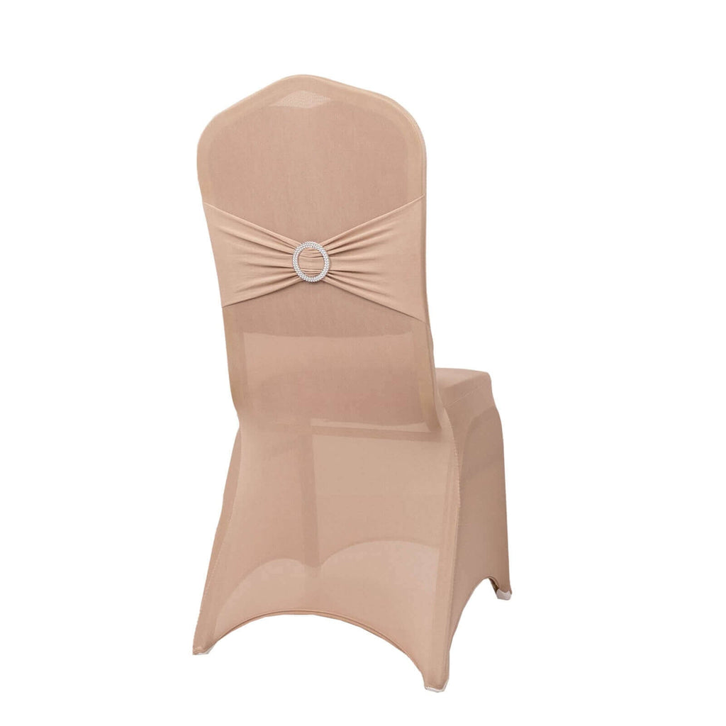 Spandex Chair Cover with Silver Rhinestone Buckled Sash Band Nude - Stretch Fitted Slipcover - Bell Racket Store