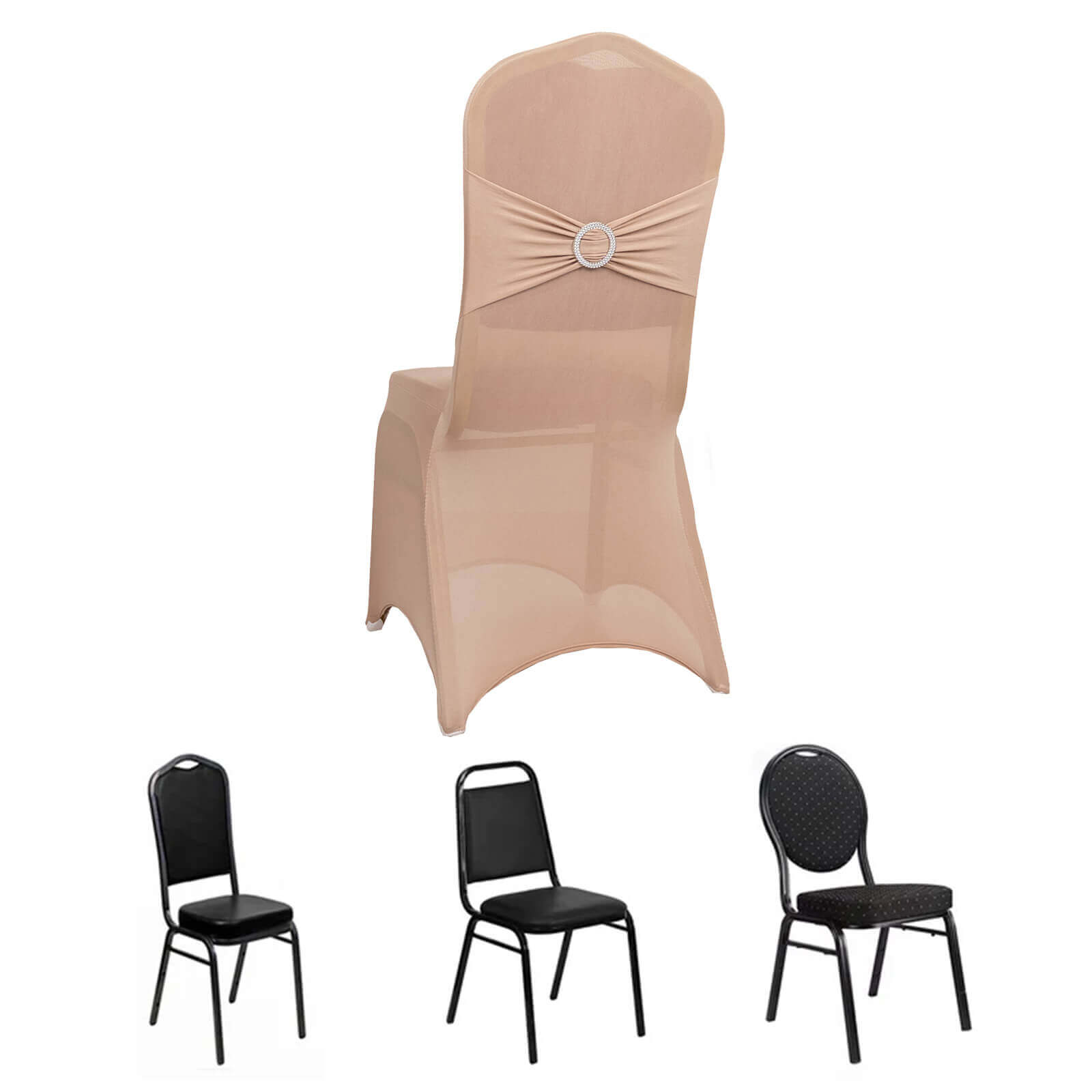 Spandex Chair Cover with Silver Rhinestone Buckled Sash Band Nude - Stretch Fitted Slipcover - Bell Racket Store