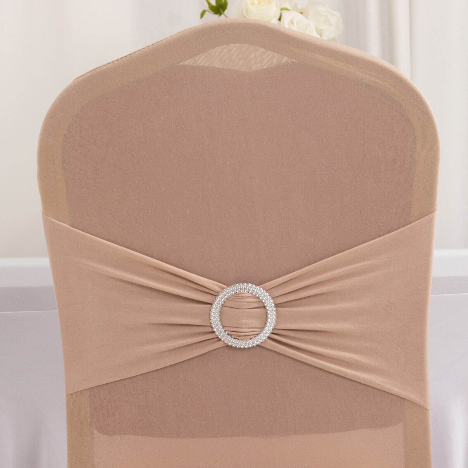 Spandex Chair Cover with Silver Rhinestone Buckled Sash Band Nude - Stretch Fitted Slipcover - Bell Racket Store