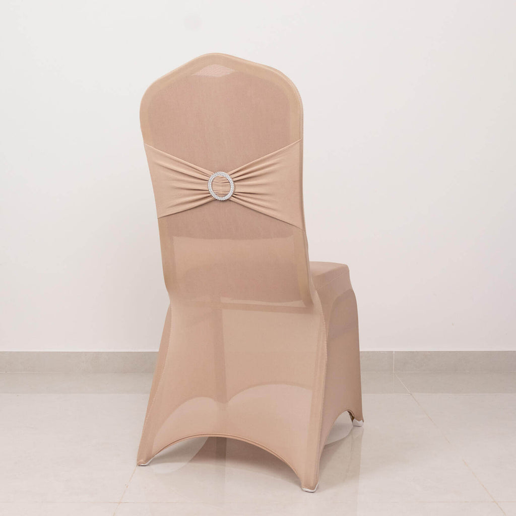 Spandex Chair Cover with Silver Rhinestone Buckled Sash Band Nude - Stretch Fitted Slipcover - Bell Racket Store