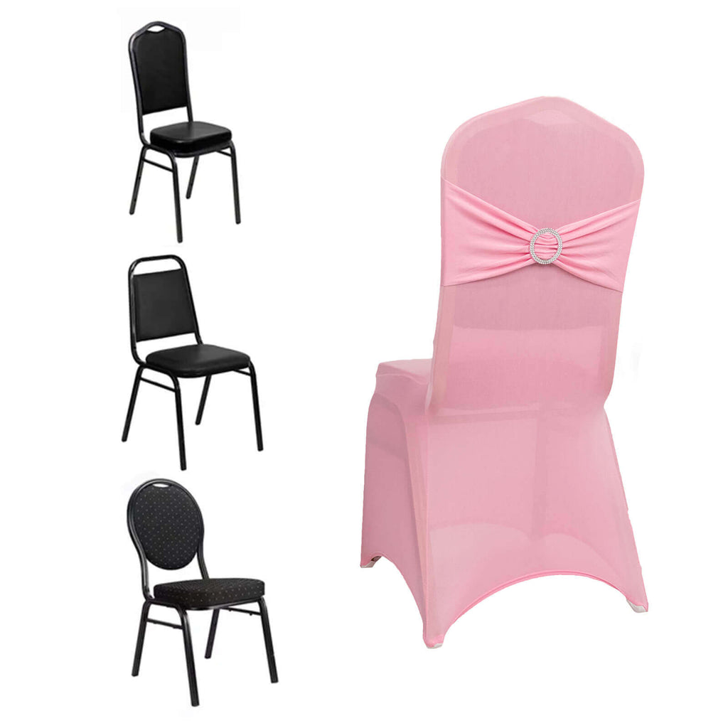 Spandex Chair Cover with Silver Rhinestone Buckled Sash Band Pink - Stretch Fitted Slipcover - Bell Racket Store