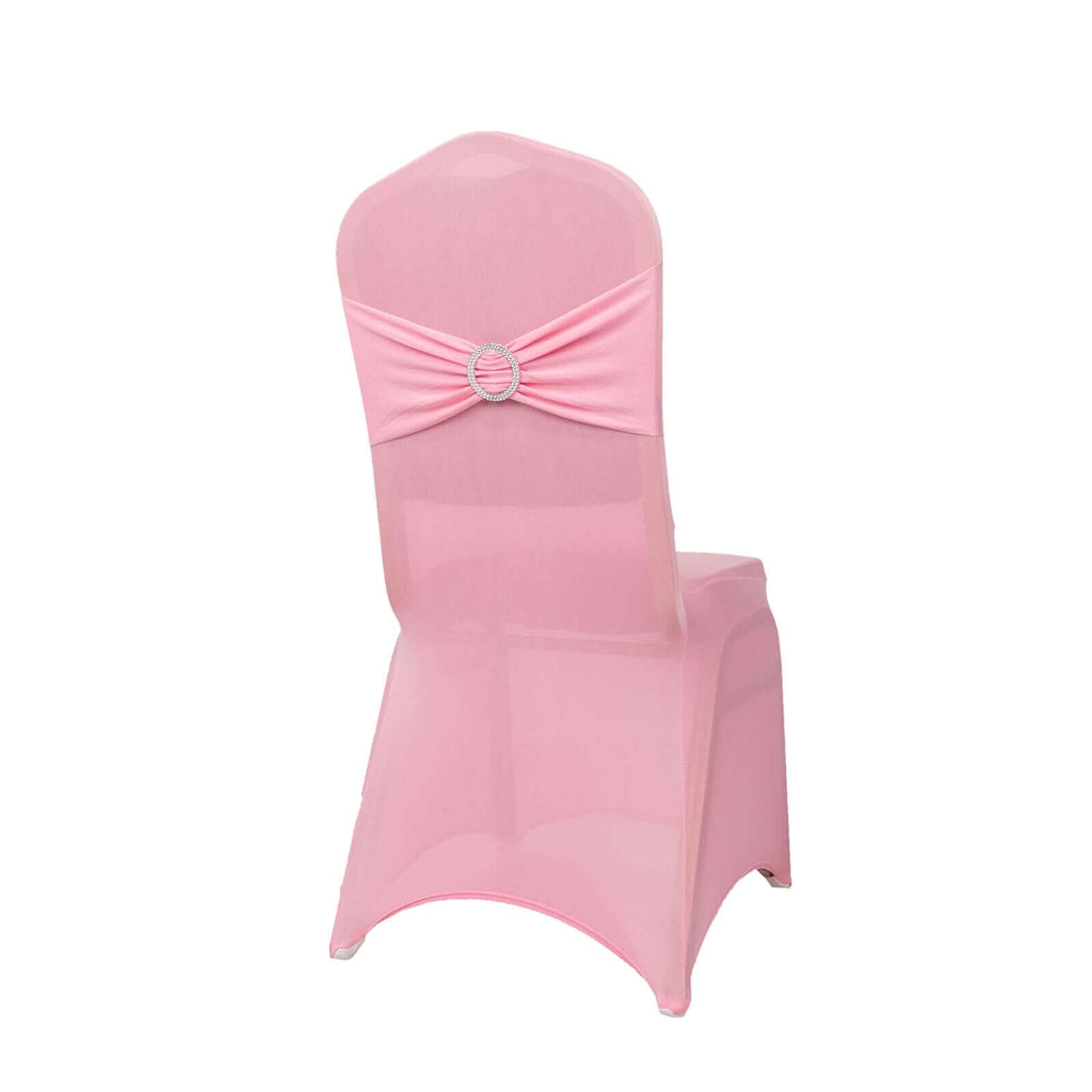 Spandex Chair Cover with Silver Rhinestone Buckled Sash Band Pink - Stretch Fitted Slipcover - Bell Racket Store