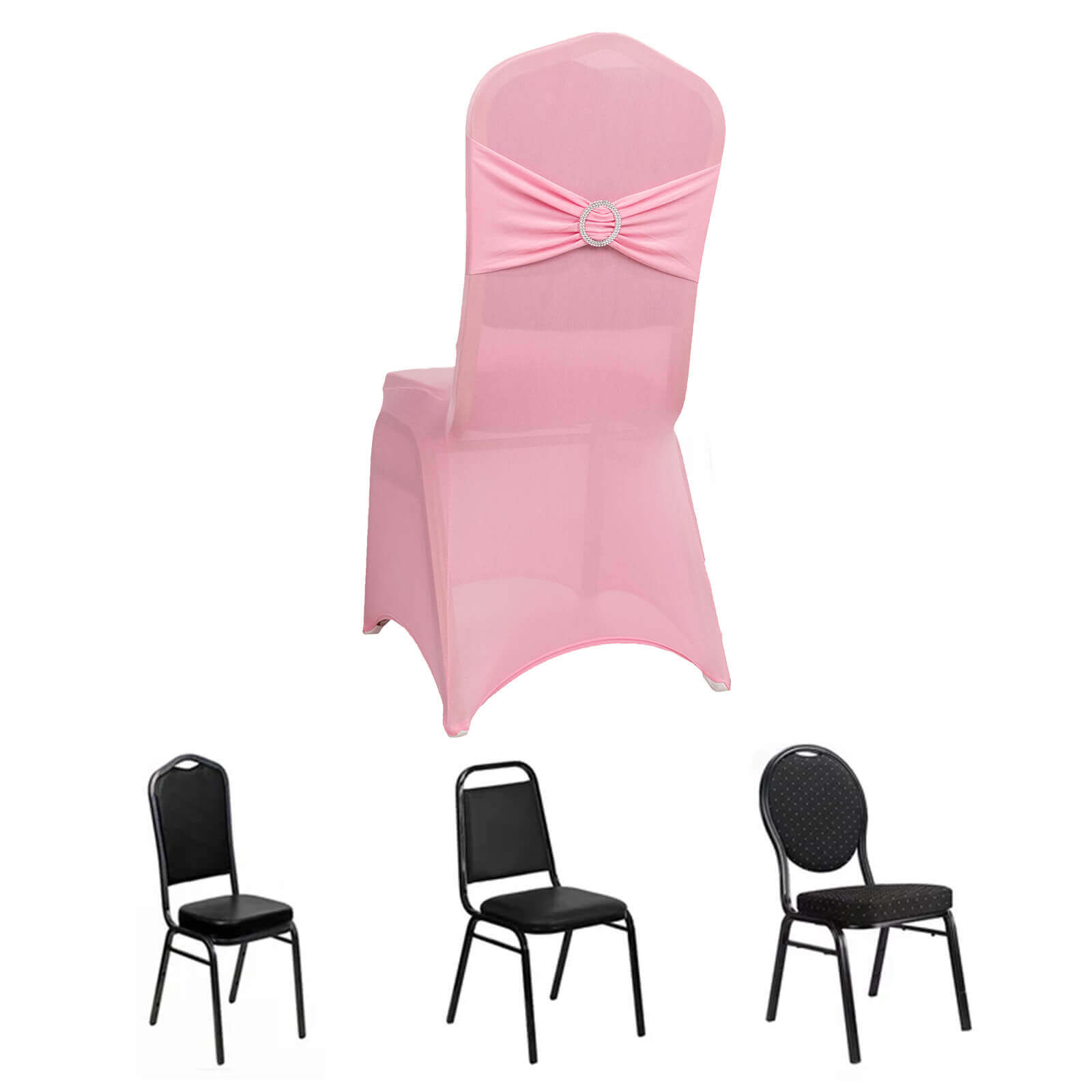 Spandex Chair Cover with Silver Rhinestone Buckled Sash Band Pink - Stretch Fitted Slipcover - Bell Racket Store