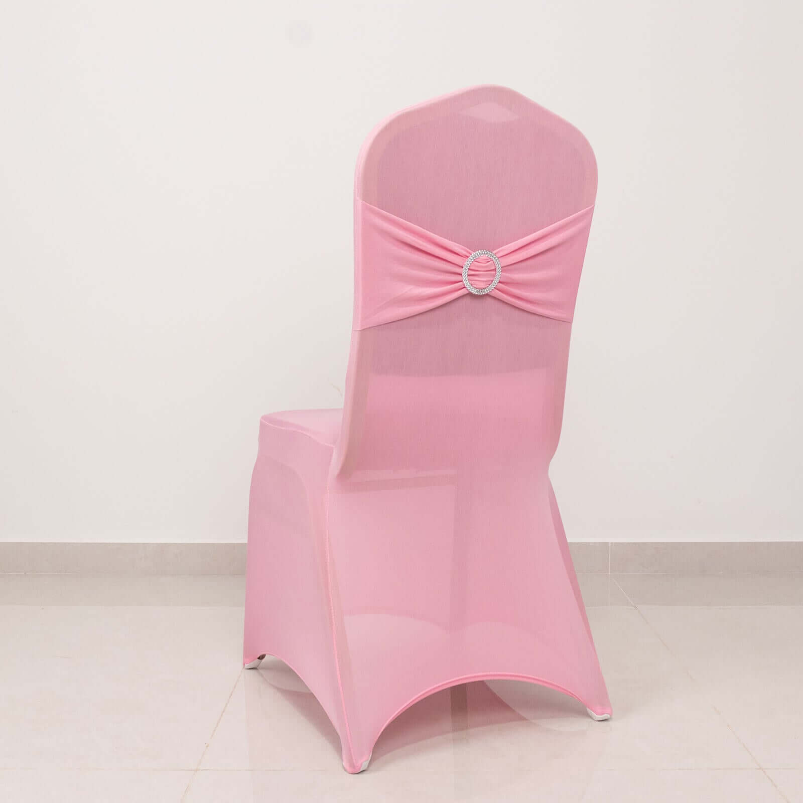 Spandex Chair Cover with Silver Rhinestone Buckled Sash Band Pink - Stretch Fitted Slipcover - Bell Racket Store
