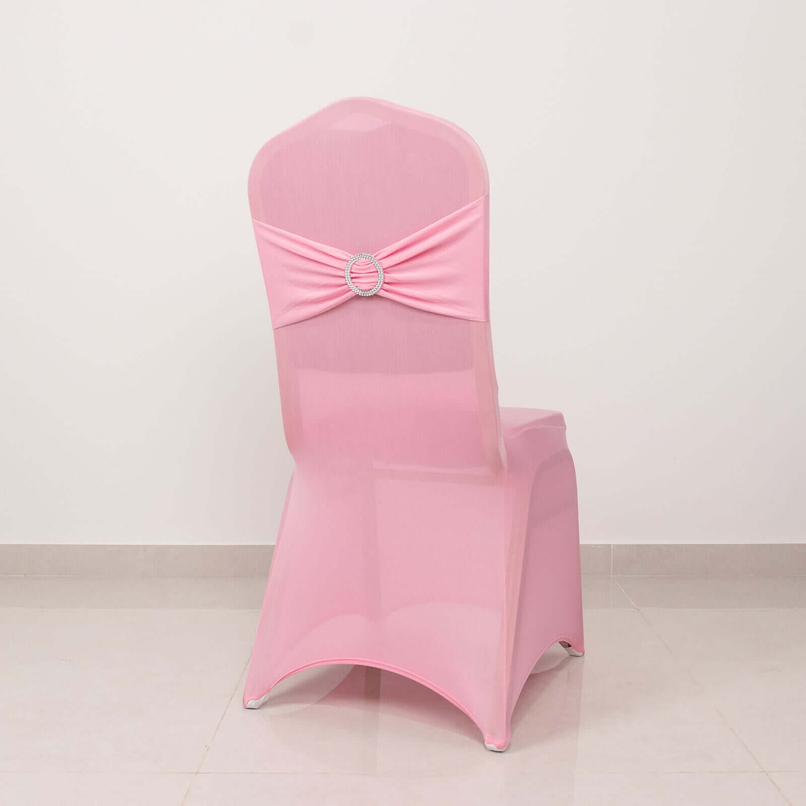 Spandex Chair Cover with Silver Rhinestone Buckled Sash Band Pink - Stretch Fitted Slipcover - Bell Racket Store