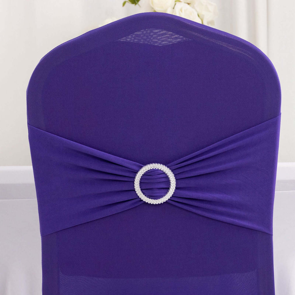 Spandex Chair Cover with Silver Rhinestone Buckled Sash Band Purple - Stretch Fitted Slipcover - Bell Racket Store