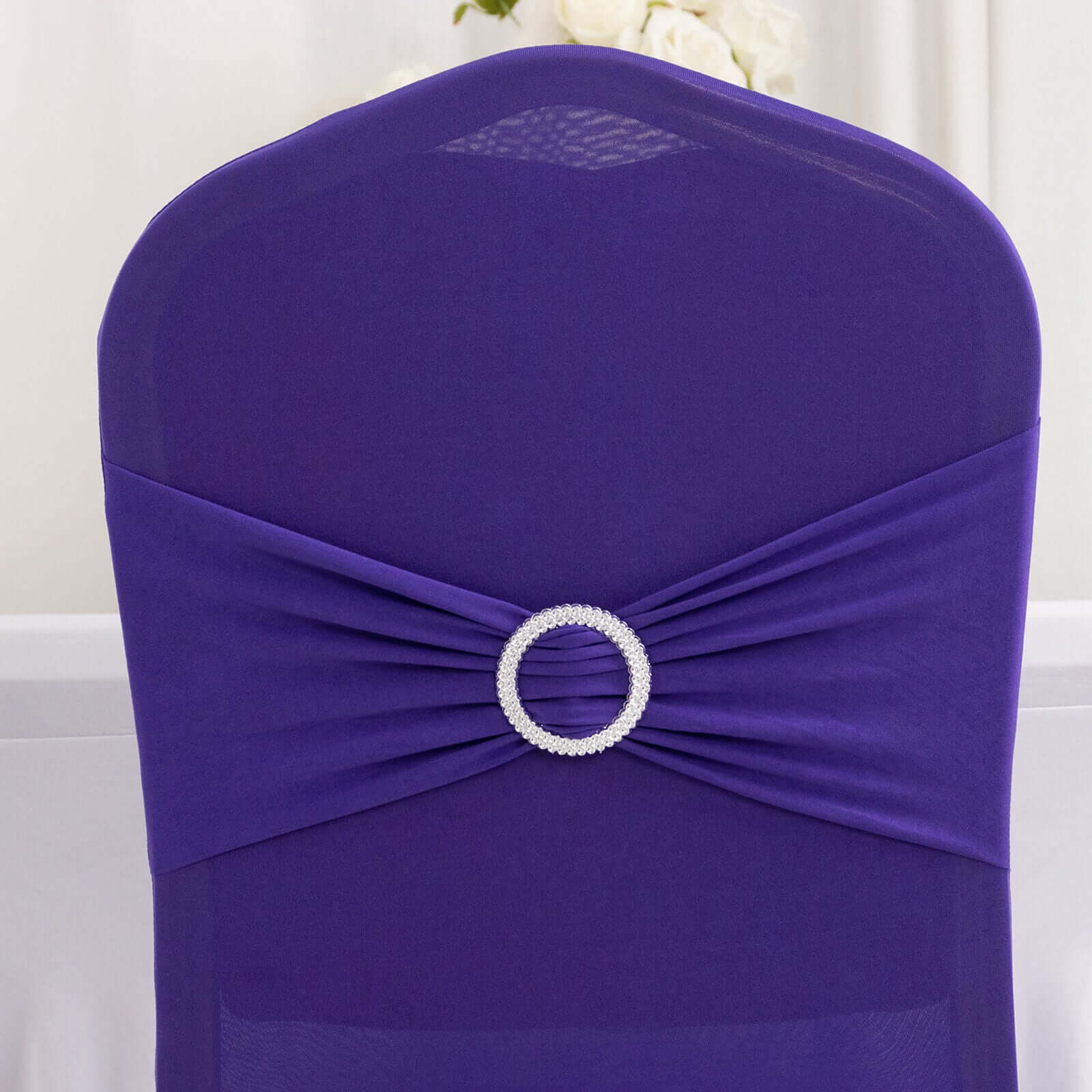 Spandex Chair Cover with Silver Rhinestone Buckled Sash Band Purple - Stretch Fitted Slipcover - Bell Racket Store