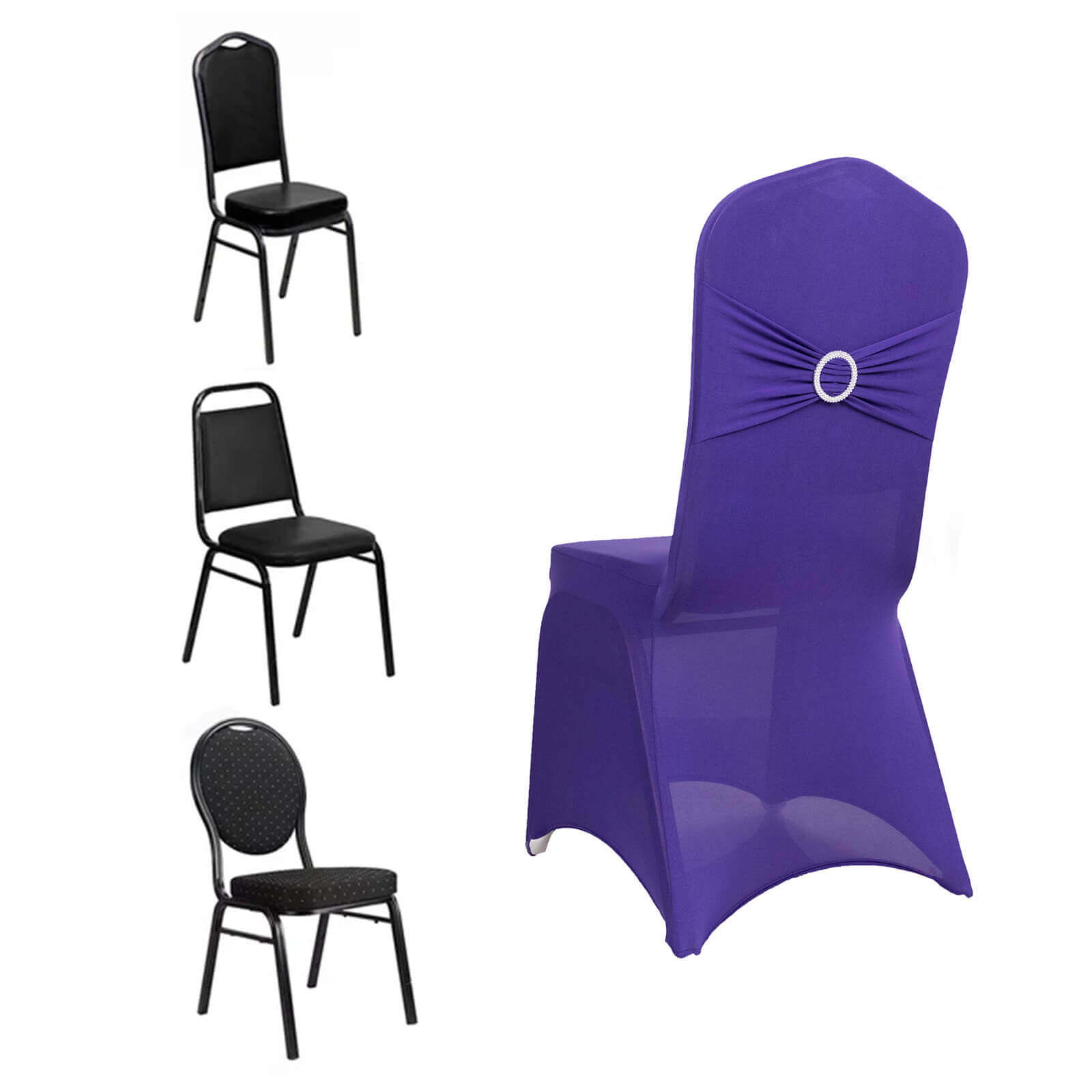 Spandex Chair Cover with Silver Rhinestone Buckled Sash Band Purple - Stretch Fitted Slipcover - Bell Racket Store