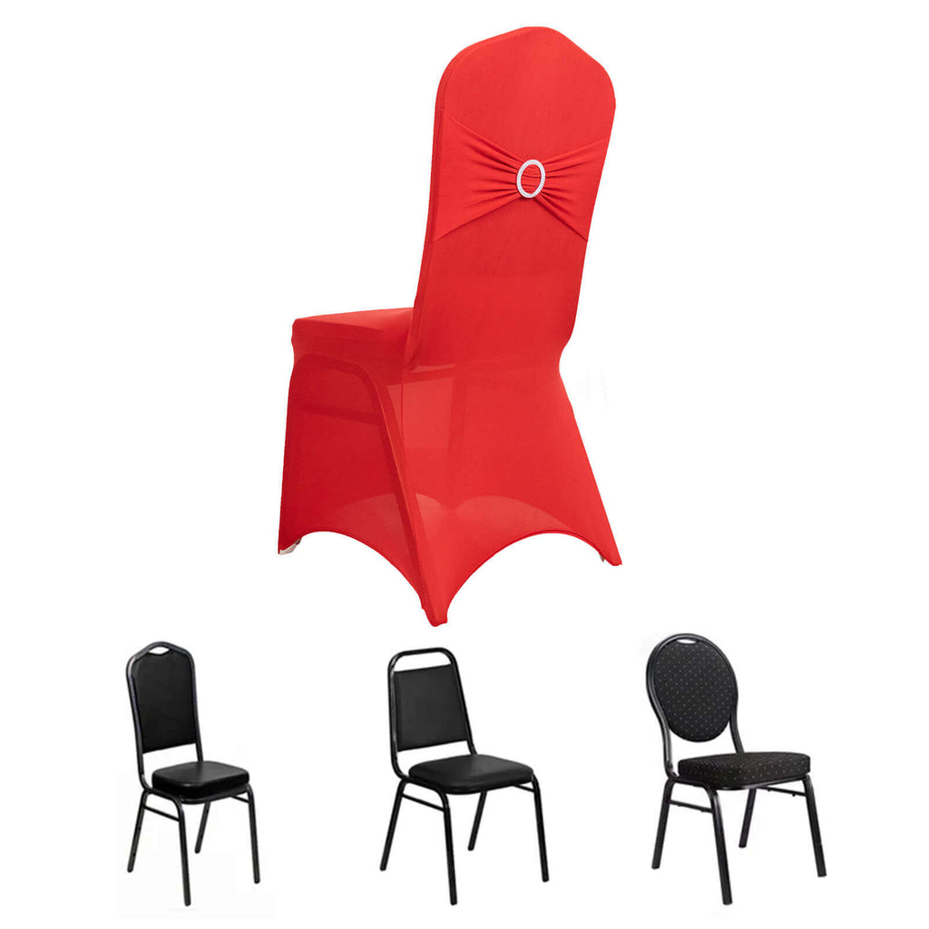Spandex Chair Cover with Silver Rhinestone Buckled Sash Band Red - Stretch Fitted Slipcover - Bell Racket Store