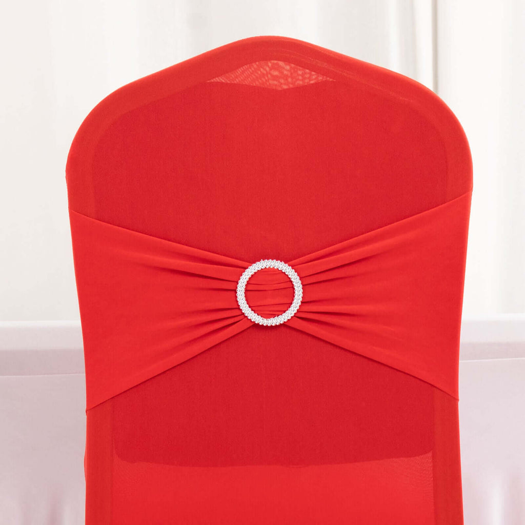 Spandex Chair Cover with Silver Rhinestone Buckled Sash Band Red - Stretch Fitted Slipcover - Bell Racket Store
